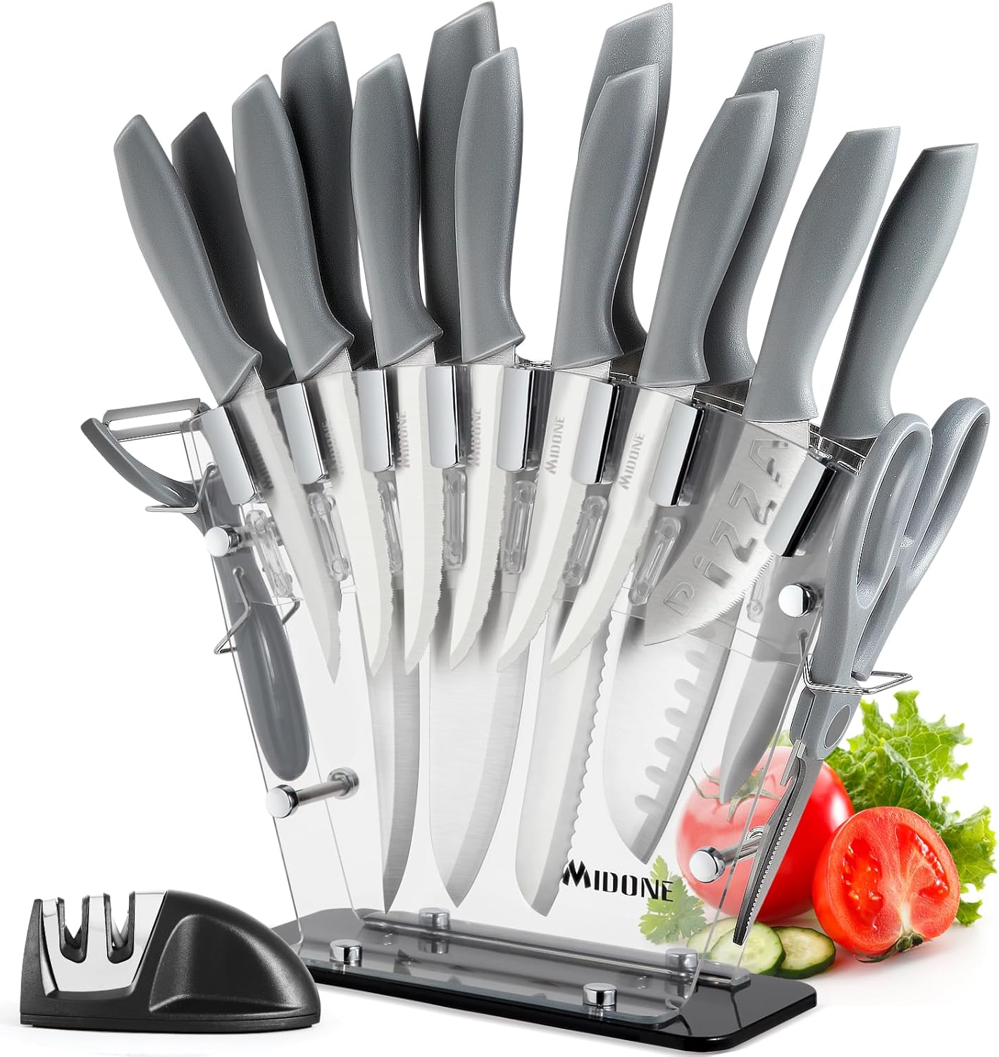 MIDONE Kitchen Knife Set with Acrylic Block, 17 PCS German Stainless Steel, includes Multiple Variety of Knives, Scissor, Sharpener, All in One Knife Set, Nonstick and No Scratch, Silver