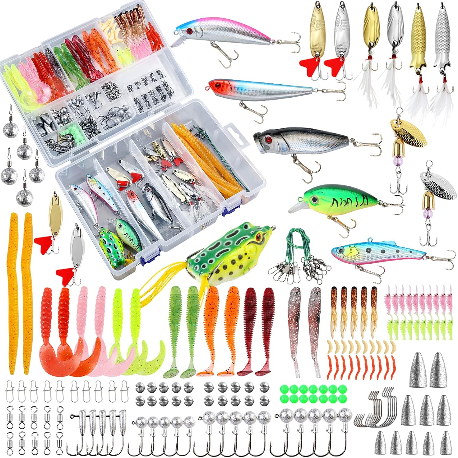 327PCS Fishing Lures Tackle Bait Kit Set for Freshwater Fishing Tackle Box with Tackle Included Fishing Gear and Equipment, Crankbait, Soft Worm, Spinner, Spoon, Topwater, Hook for Bass Trout.