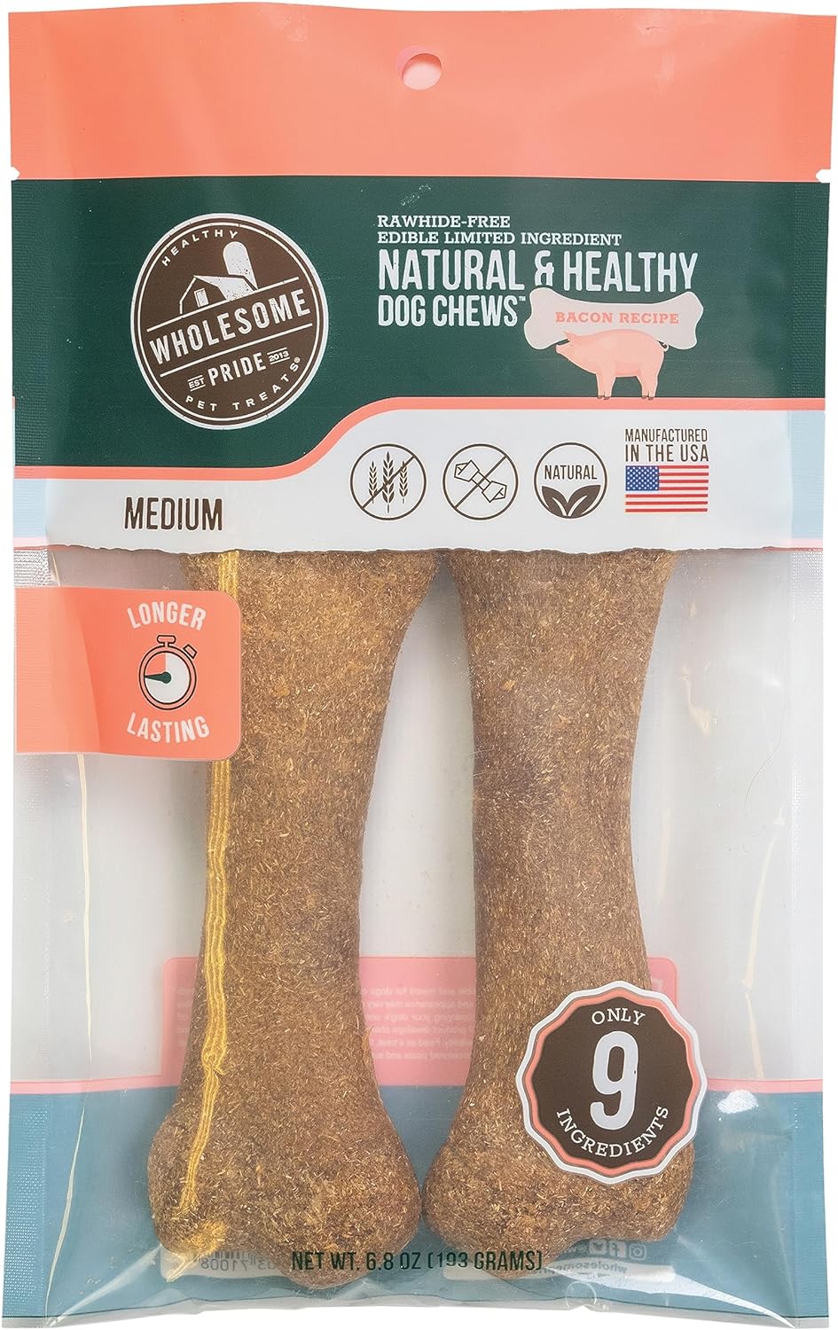 Wholesome Pride Natural & Healthy Dog Chews 2Pk, for Medium Dogs, Bacon Flavor