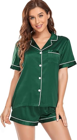 Serenedelicacy Women' Satin Pajama Set 2-Piece Sleepwear Loungewear Button Down Short Sleeve PJ Set