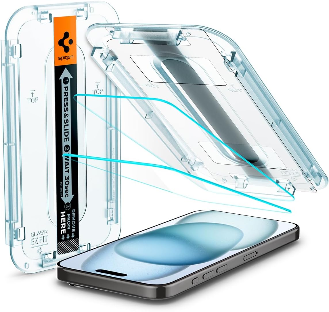 Spigen Tempered Glass Screen Protector [GlasTR EZ FIT] designed for iPhone 15 [2 Pack]