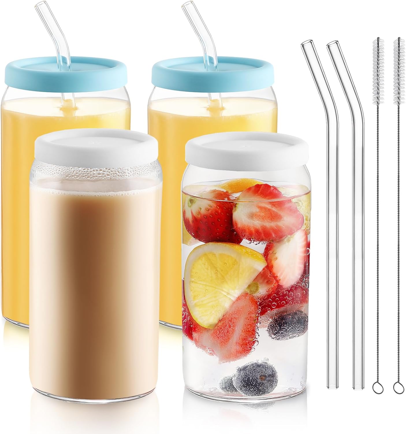 Glass Cups with Silicone Lids 4pcs, 20oz Can Shaped Glass Cups with Straws, Beer Glasses, Iced Coffee Cups, Cute Tumbler Cup with Cleaning Brush, White & Blue, Ideal for Cocktail, Tea, Gift