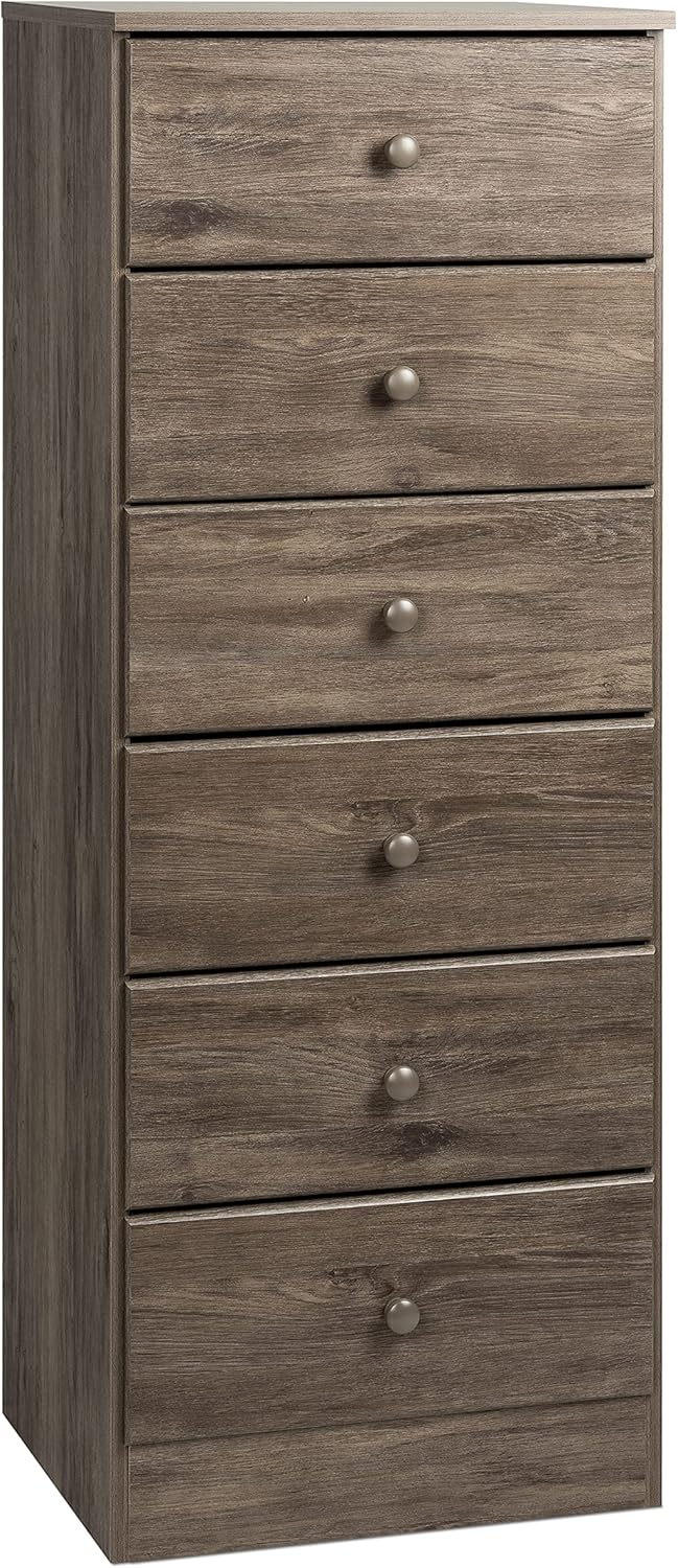 Prepac Astrid Simplistic 6-Drawer Tall Dresser for Bedroom, Functional Chest of Drawers with Acrylic Knobs 16 D x 20 W x 52 H, Drifted Gray, DDBH-0401-1