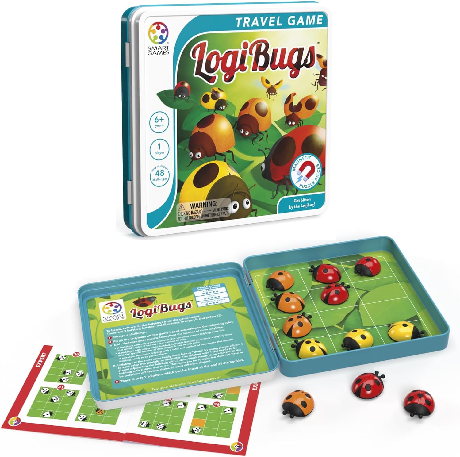 SmartGames LogiBugs Metal Box Magnetic Travel Game with 48 Challenges for Ages 6 - Adult