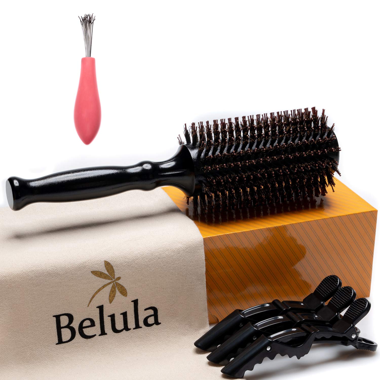 Belula Boar Bristle Round Brush for Blow Drying Set. Round Hair Brush With Large 2.7 Wooden Barrel. Hairbrush Ideal to Add Volume and Body. Free 3 x Hair Clips & Travel Bag.