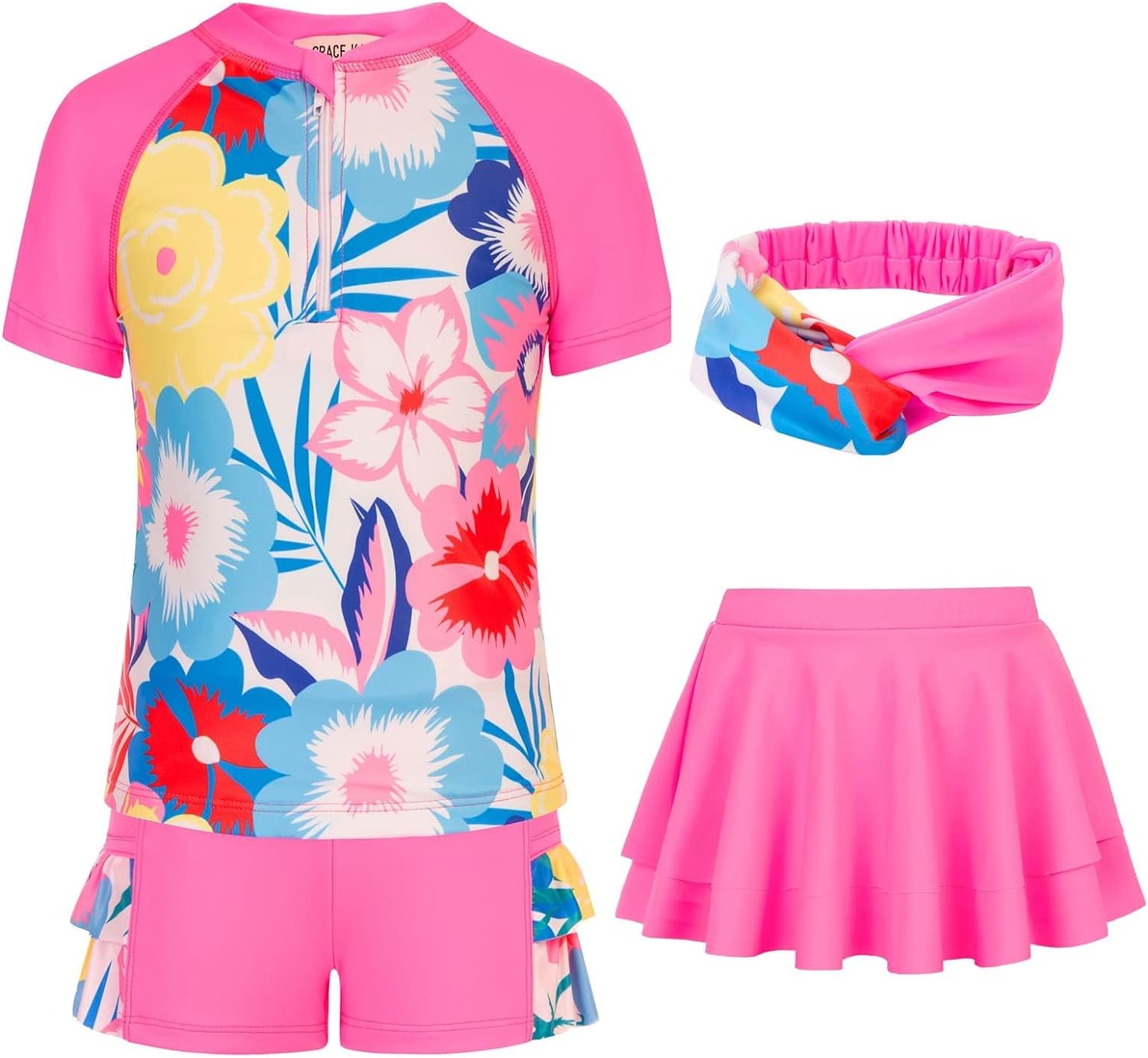 GRACE KARIN Girls Swimsuit 3-Piece Rashguard Sets Short Sleeve Swimwear with Hairband