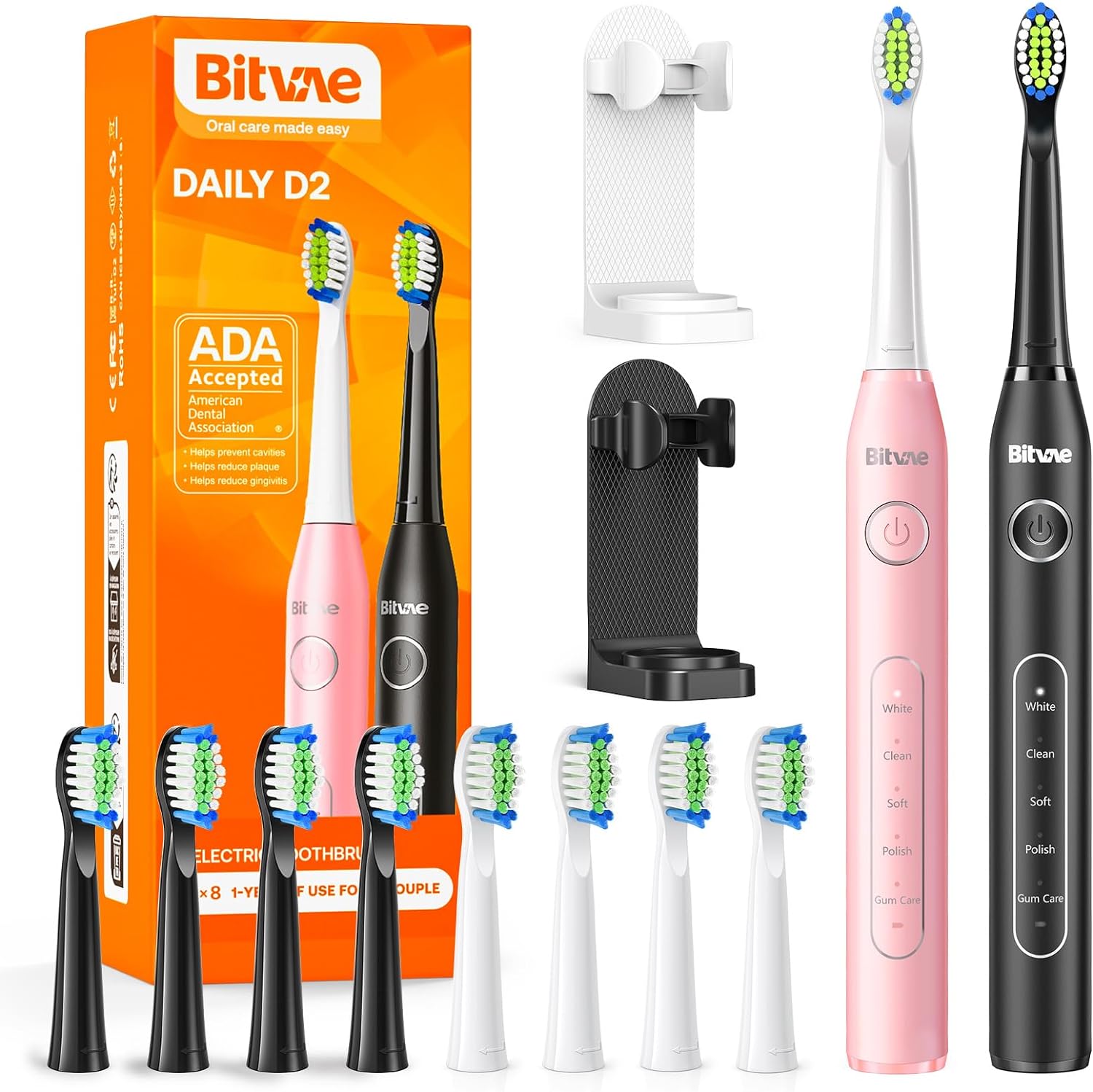 Bitvae Electric Toothbrushes 2 Pack Ultrasonic Toothbrush with Holders, Dual Ultrasonic Electronic Toothbrush 8 Brush Heads 5 Modes, Rechargeable Power Toothbrush for 30 Days Using, Black & Pink