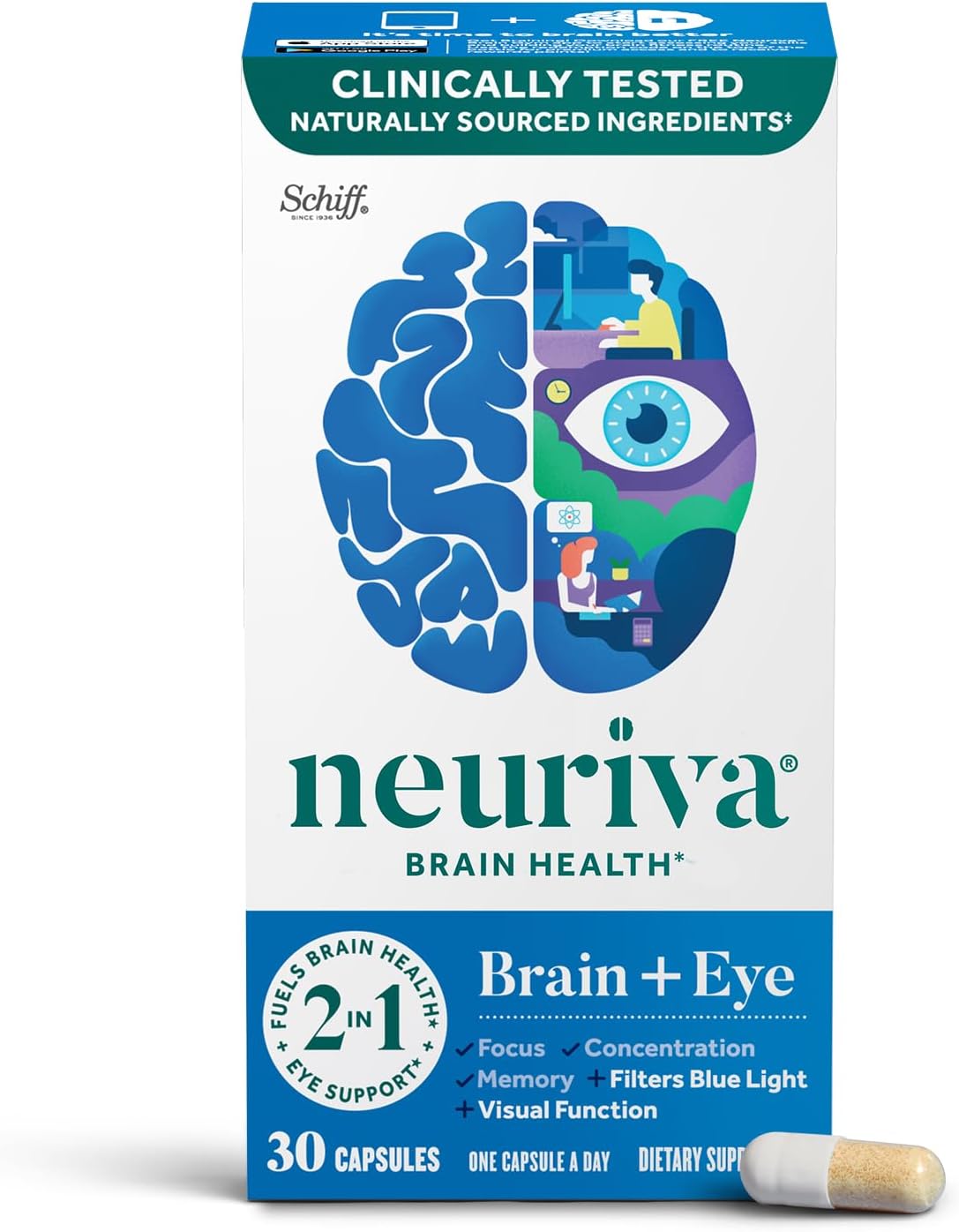 NEURIVA Brain   Eye Supplement for Memory, Focus & Concentration with Lutein & Vitamins A C E and Zinc for Eye Health & Zeaxanthin to Filter Blue Light, 30ct Capsules