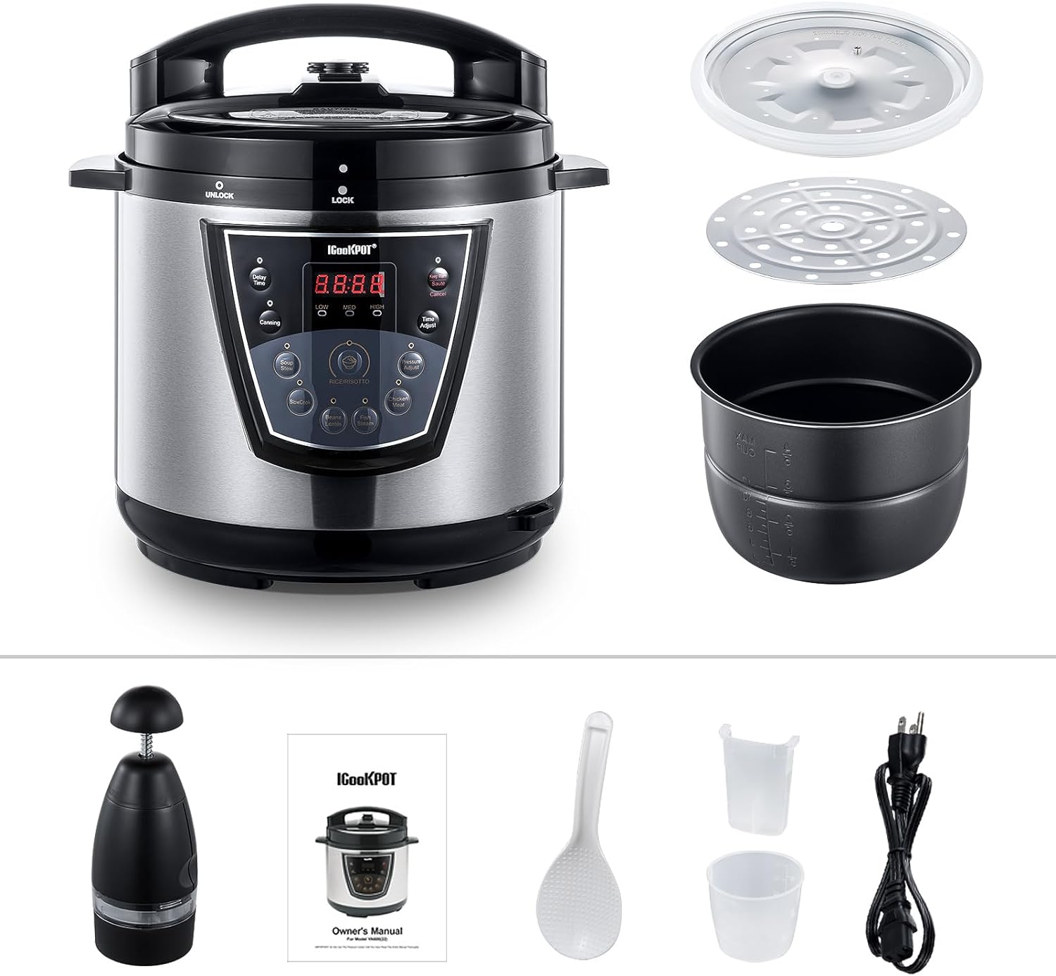 9 in 1 Electric Pressure Cooker,Slow Cook,Rice/Grain Cooker,Steamer,With Non-Stick Coating Inner Pot,Stainless Steel,6 Quart