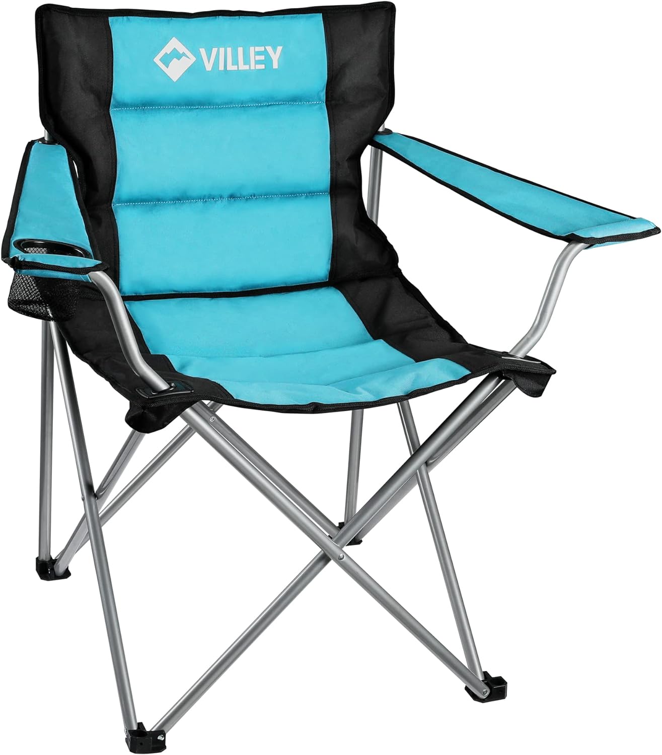 VILLEY Camping Chairs, Padded Folding Chair, Outdoor Portable High Camp Chair, Foldable Outside Arm Chair with Cup Holder & Carry Bag, Blue