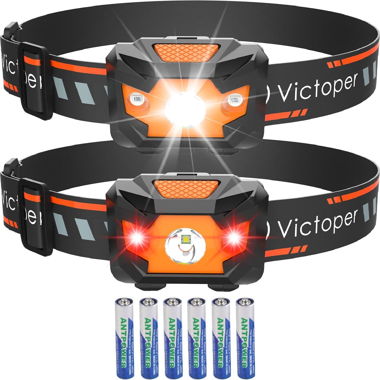 Victoper Headlamp 2 Pack, 4 Modes Red Light Head Lamp Battery Powered, Hardhat Mechanic Waterproof Headlamps Flashlight, LED Head Lamps for Adults, Kids, Camping, Running, Hiking, Outdoor, Fishing