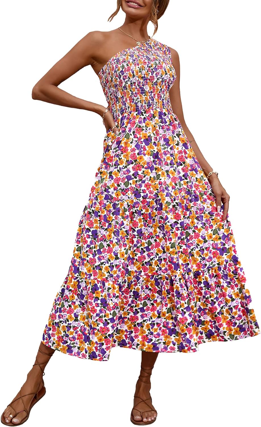 BTFBM Women One Shoulder Summer Dresses 2024 Sleeveless Casual High Waist Floral Flowy Beach Boho Smocked Maxi Dress