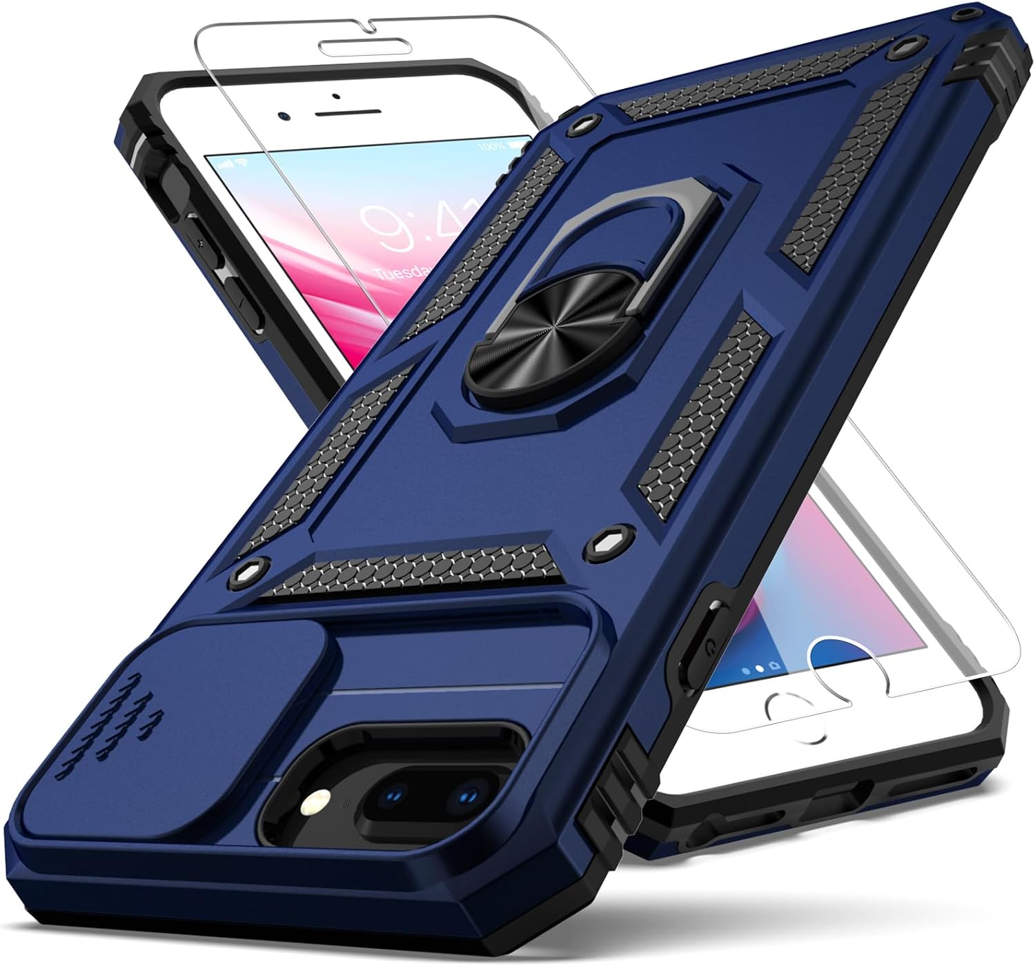 for iPhone 8 Plus Case,iPhone 7 Plus Case,iPhone 6 Plus Case,with Slide Camera Cover+ HD Screen Protector,Rotated Ring Kickstand Military Grade Shockproof Protective Cover-Blue