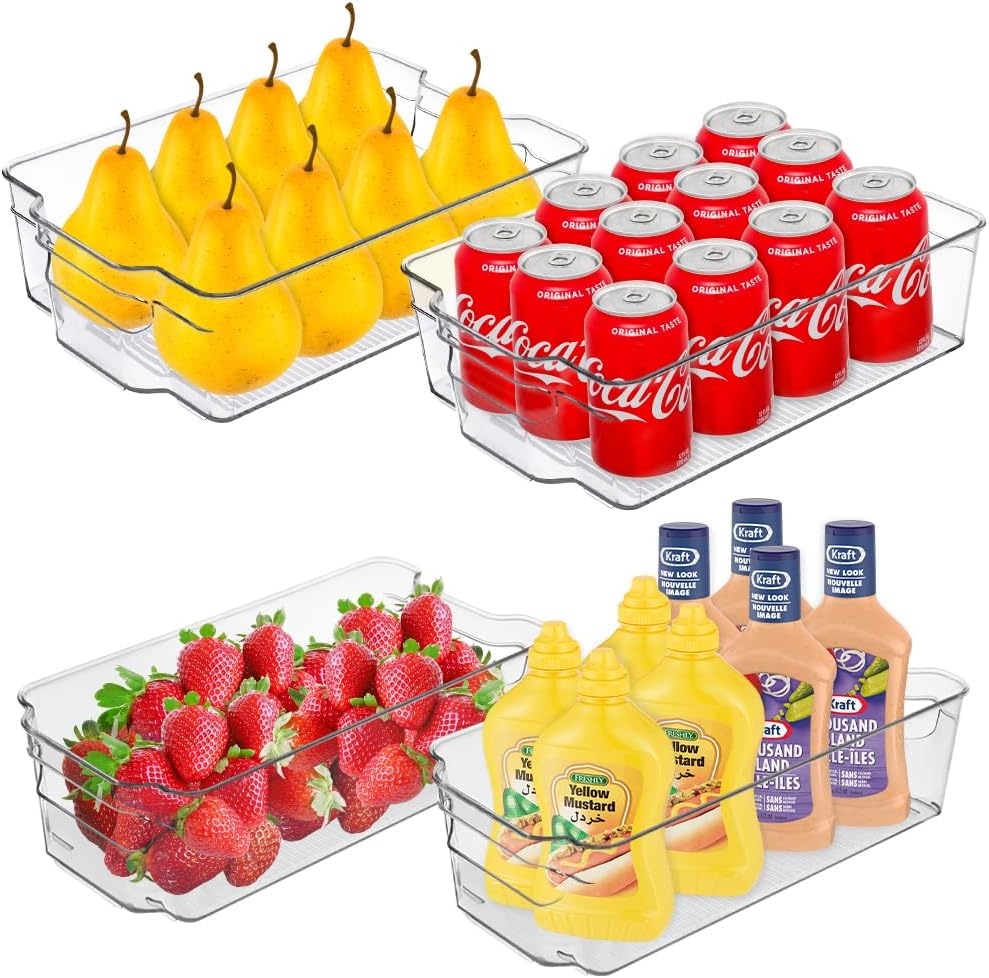 4 Pcs Fridge Organizer Bins for Fresh Fruits Drinks, Clear Plastic Container for Fridge Freezers Kitchen Storage Countertops Cabinet Pantry Organizers