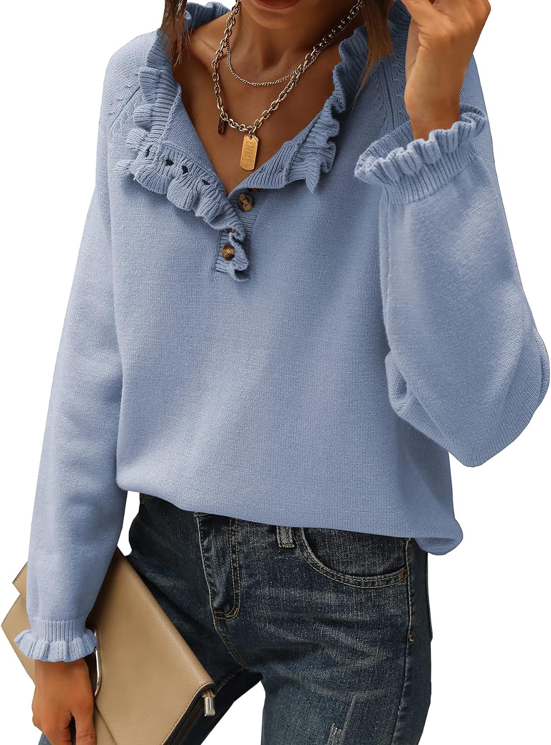 BTFBM Women' Sweaters Casual Long Sleeve Button Down Crew Neck Ruffle Knit Pullover Sweater Tops Solid Color Striped