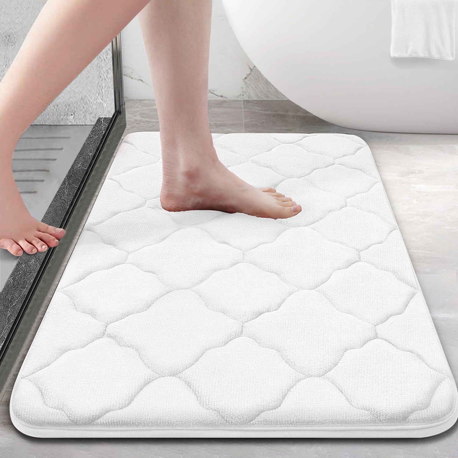 OLANLY Memory Foam Bath Mat Rug 24x16, Ultra Soft Non Slip and Absorbent Bathroom Rug, Machine Wash Dry, Comfortable, Thick Bath Rug Carpet for Bathroom Floor, Tub and Shower, White