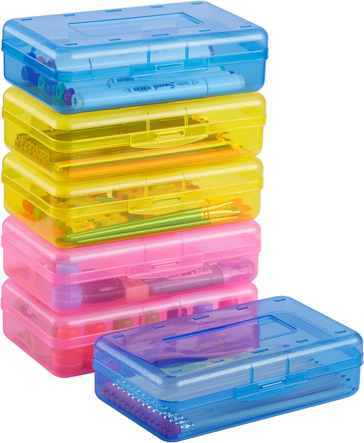 Sooez 6 Pack Pencil Box, Plastic Large Capacity Pencil Boxes Plastic Boxes with Snap-tight Lid, School Supply Box Stackable Design and Stylish Colors in Pink, Yellow and Blue