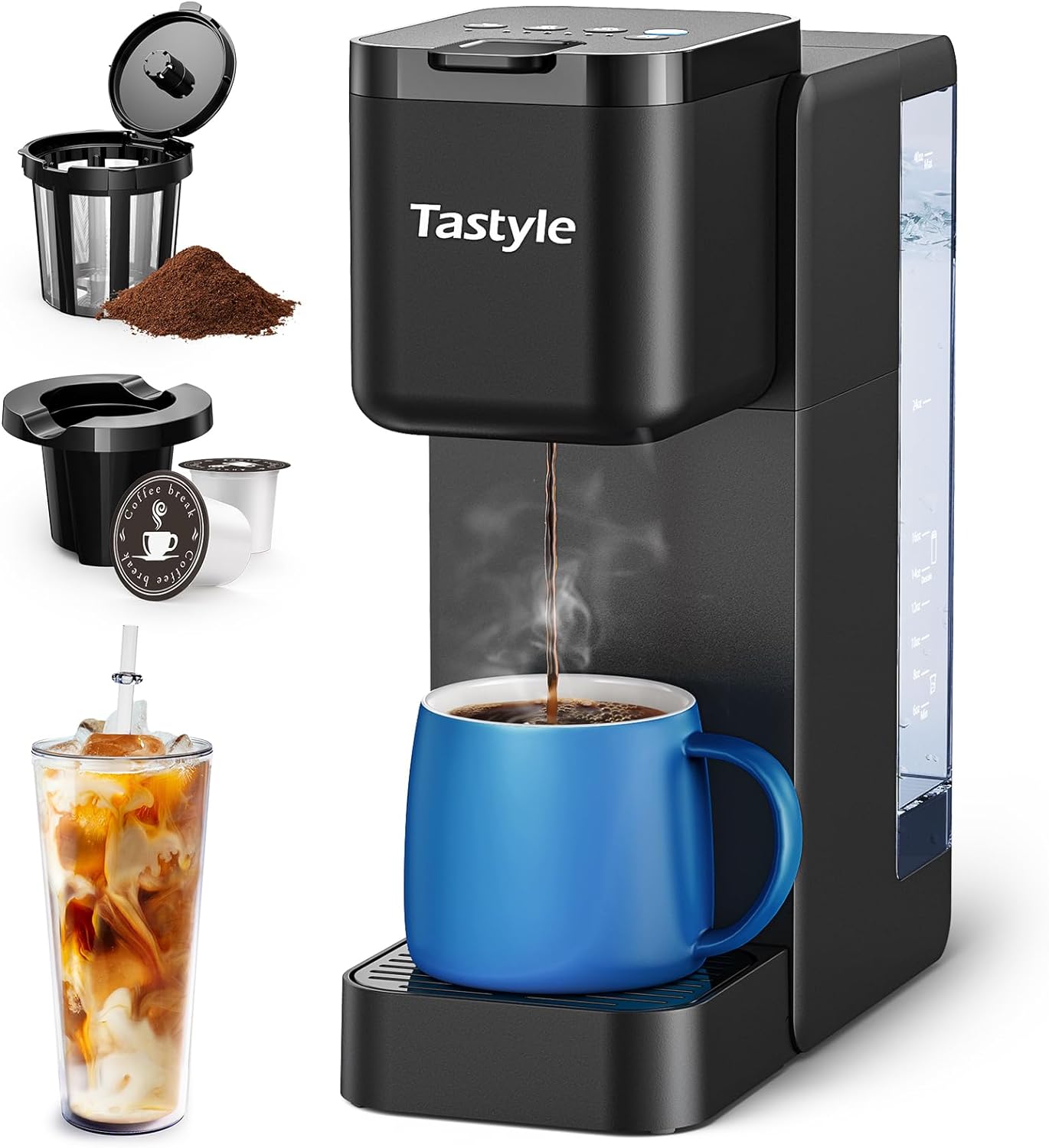 Tastyle Single Serve Coffee Maker, Iced and Hot Coffee Brewer for K Cup & Ground Coffee, with Removable 40 oz. Water Reservoir, 6 to 24 oz. Brew Sizes, Includes Bold & Descale Settings, Black