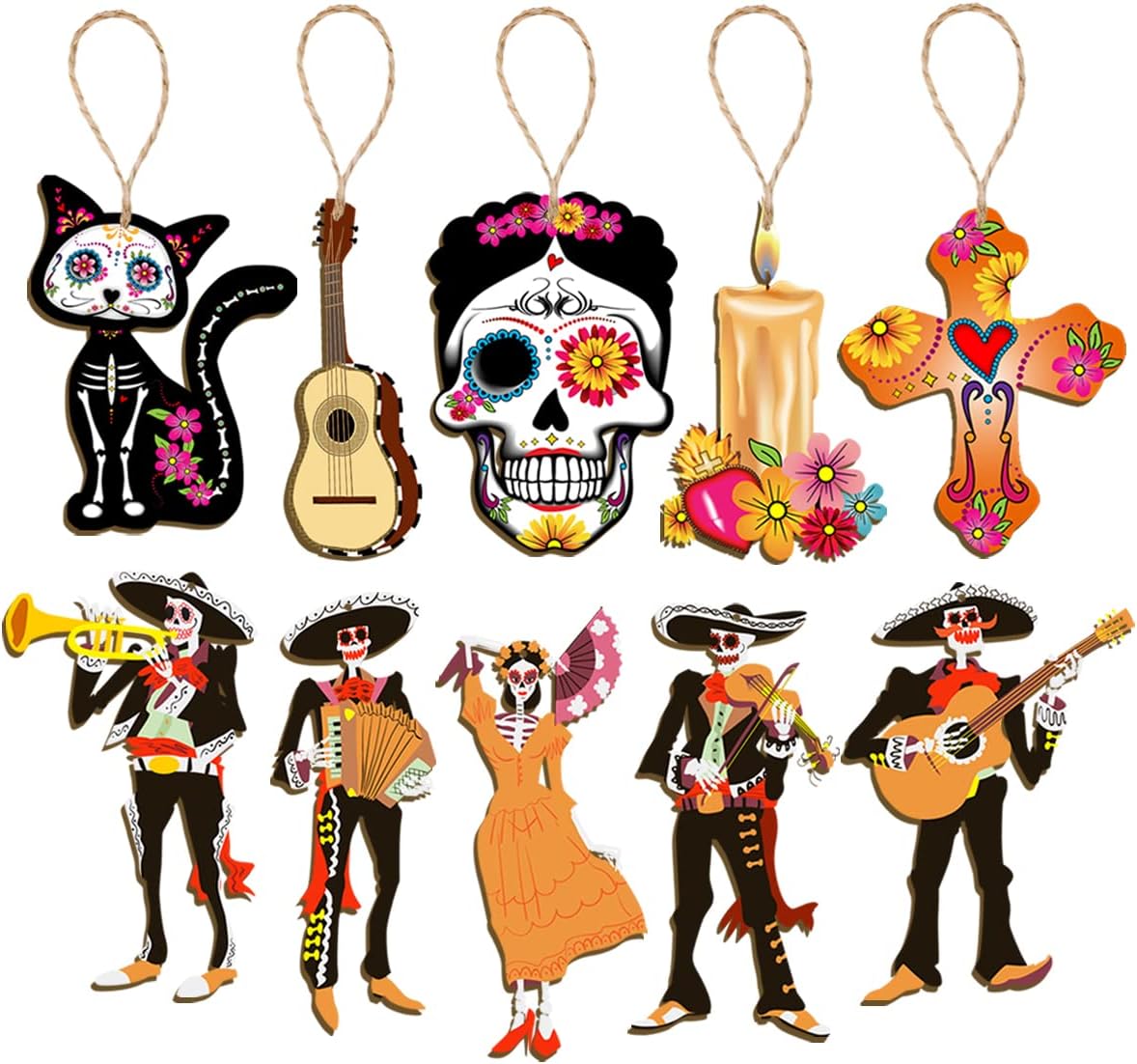 CMUSKO Dia De Los Muertos Decorations-30Pcs Day of the Dead Wood Ornaments Sugar Skull Hanging Wooden Sign,Halloween Tree Ornaments Mexican Fiesta Day of the Dead Decor