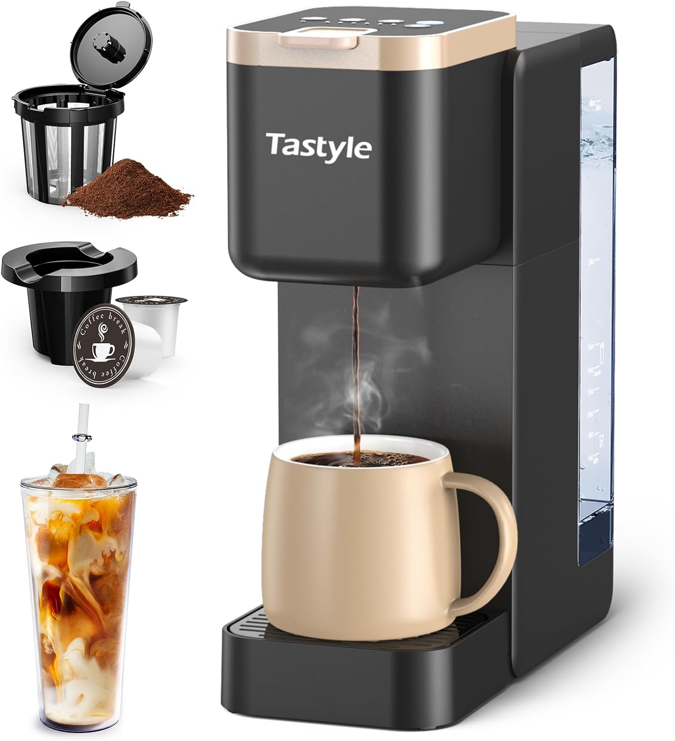 Tastyle Iced and Hot Coffee Maker, Single Cup Coffee Pod Machine for K Cup & Ground Coffee, Coffee Brewer Includes Removable 40 oz. Water Reservoir, 6 to 24 oz. Brew Sizes, Black and Gold