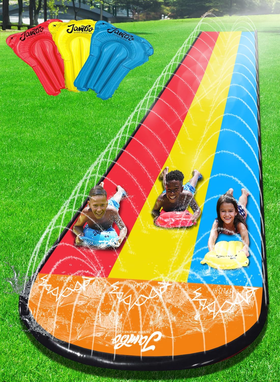 JAMBO+XL+Premium+Slip+Splash+and+Slide+with+3+Bodyboards%2c+Heavy+Duty+Water+Slide+with+Advanced+3-Way+Water+Sprinkler+System%2c+Backyard+Waterslide+Outdoor+Water+Toys+n+Slides+for+Kids%ef%bf%bd%ef%bf%bd