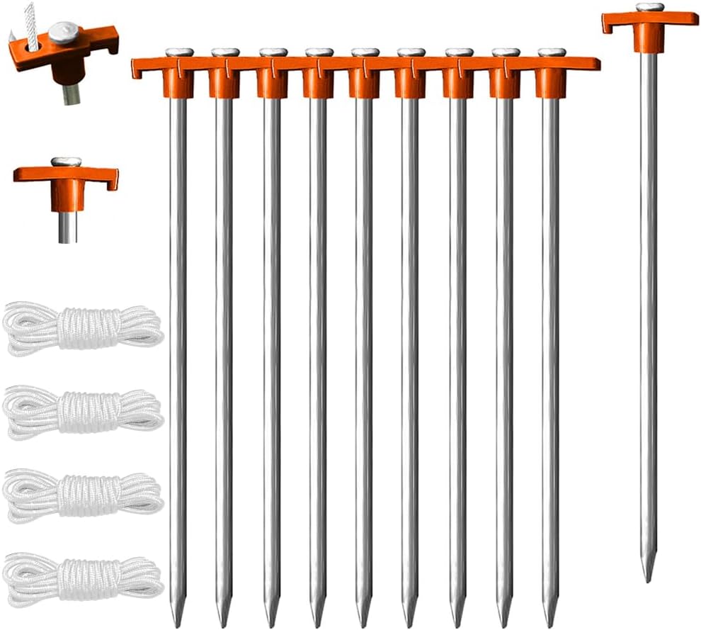 Eurmax USA Galvanized Non-Rust Camping Family Tent Pop Up Tent Stakes Ice Tools Heavy Duty 10pc-Pack, with 4x10ft Ropes & 1 Orange Stopper