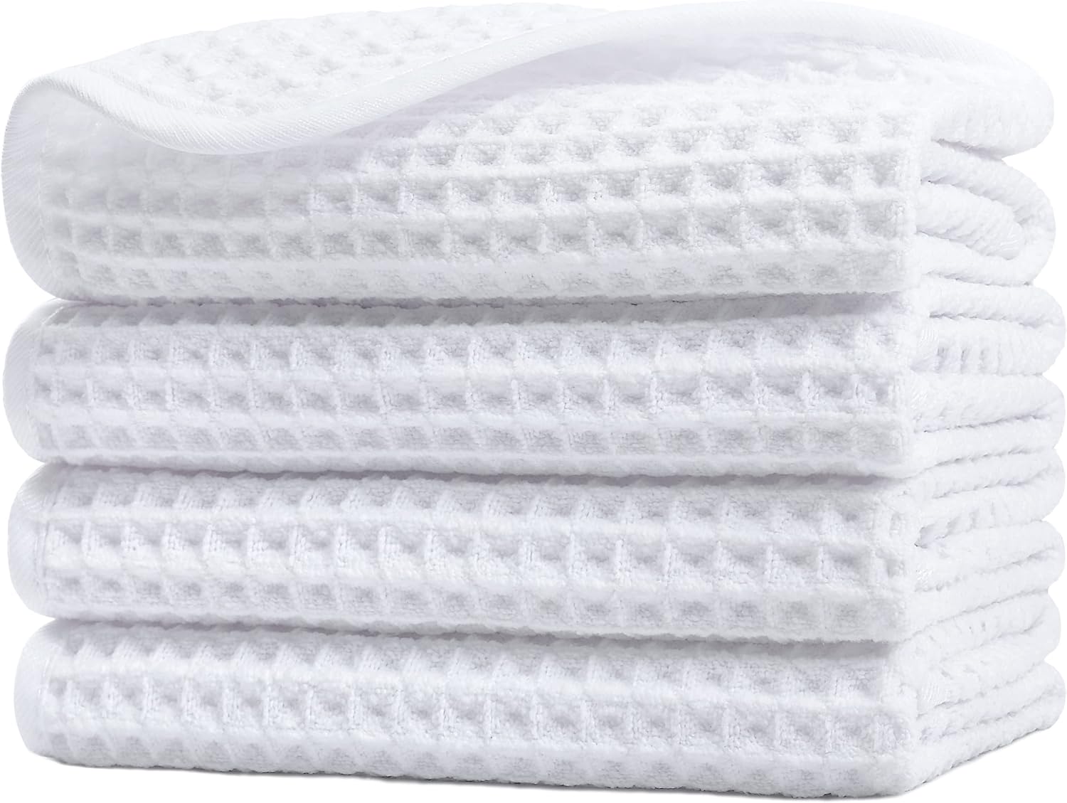 Polyte Microfiber Lint Free Washcloth Face Towel, 13 x 13 in, 4 Pack (White, Waffle Weave)