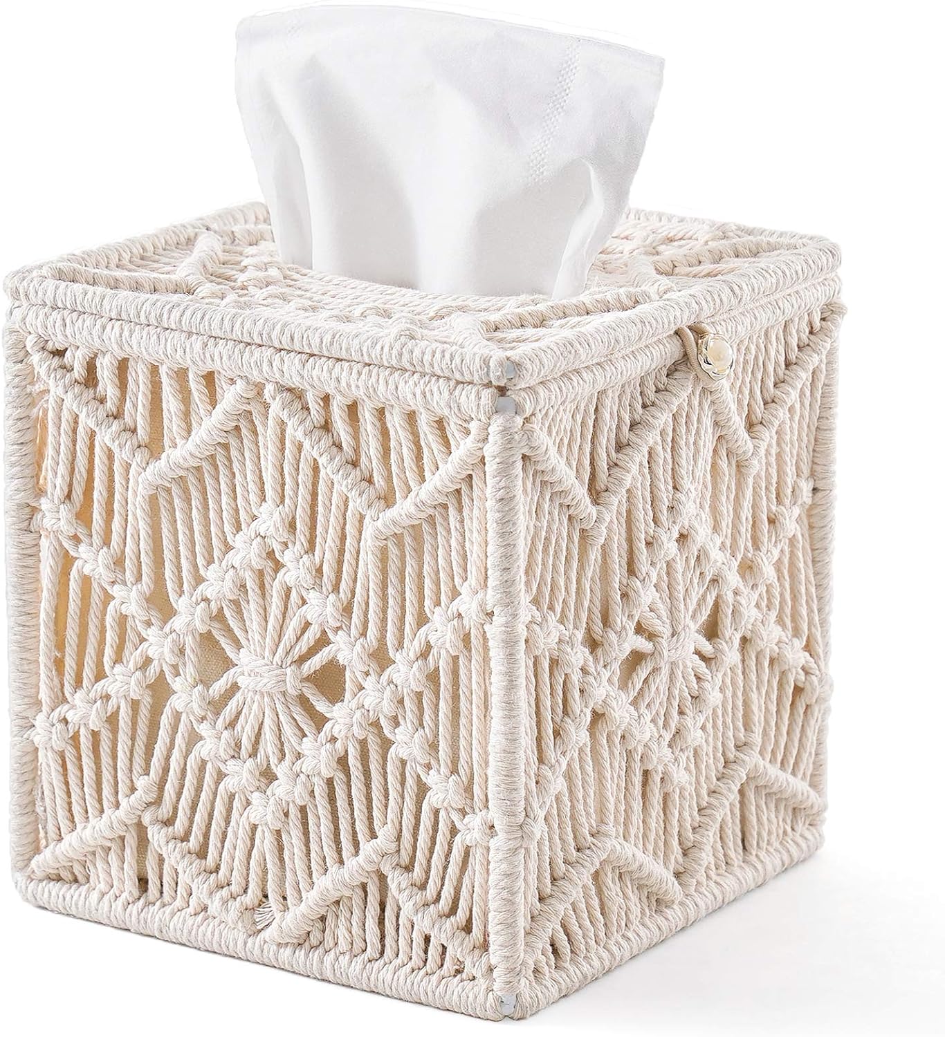 Mkono Tissue Box Cover Boho Decor Square Tissues Holder with Bead Buckle, Woven Macrame Napkin Facial Paper Organizer Home Desk Vanity Countertop Decor for Bathroom Bedroom Living Room Office, Ivory