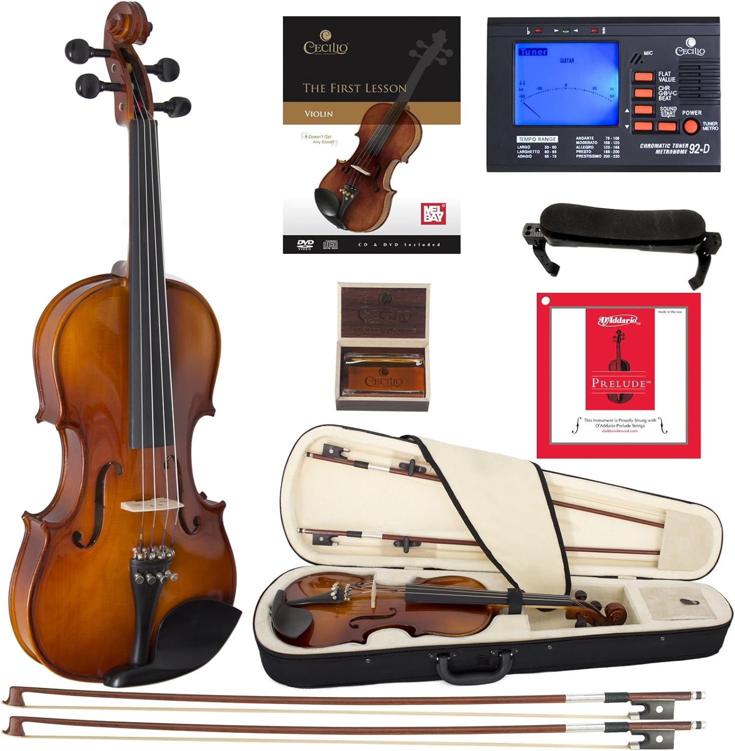 Cecilio CVN-320L Solidwood Ebony Fitted LEFT-HANDED Violin with D&#39;Addario Prelude Strings, Size 4/4 (Full Size)