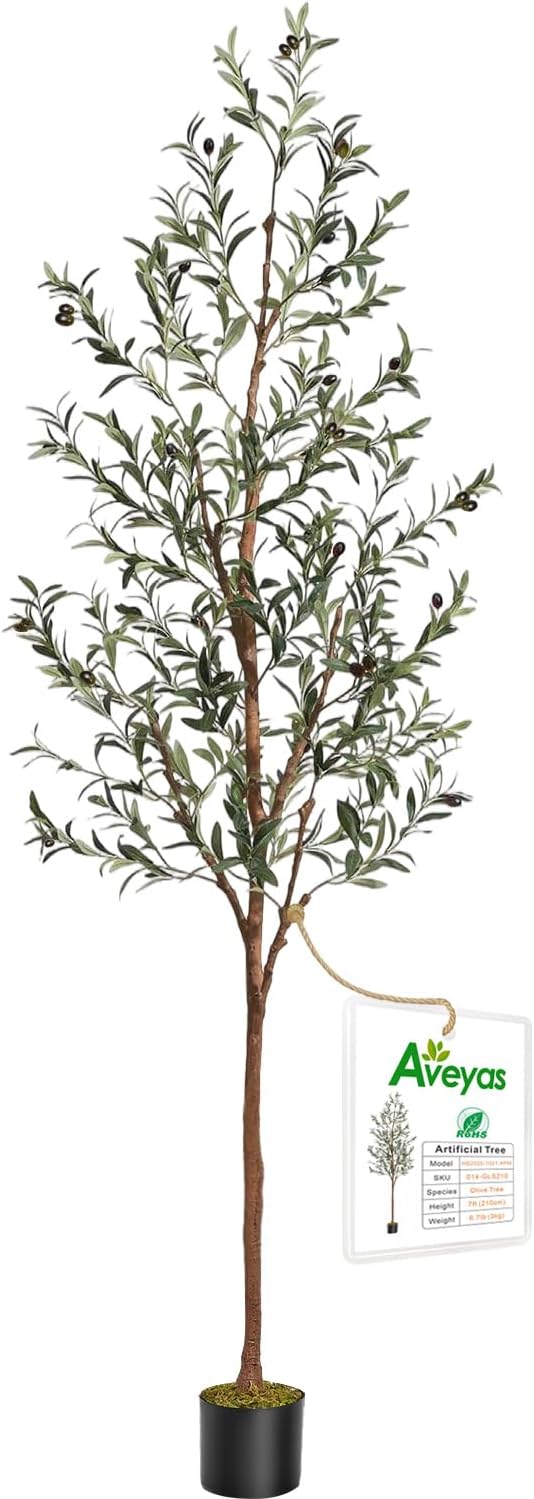 Aveyas 7ft Artificial Olive Tree for Home Decor, 7 Feet Large Faux Plant Fake Skinny Silk Trees with Black Olivo for Indoor Outdoor House Living Room Office (7 ft Tall)