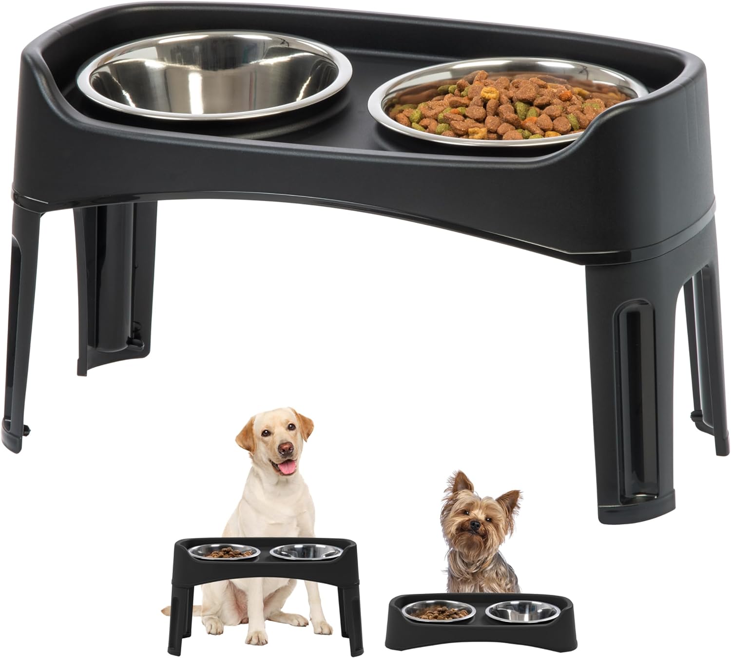 IRIS USA Elevated Dog Bowls, Adjustable Height, 2 Thick 64 oz Stainless Steel Bowls, Spill-Proof with Raised Outer Rim, Durable Made in USA Plastic, Easy Assemble, 2 Heights 4.63" or 12.25" Black