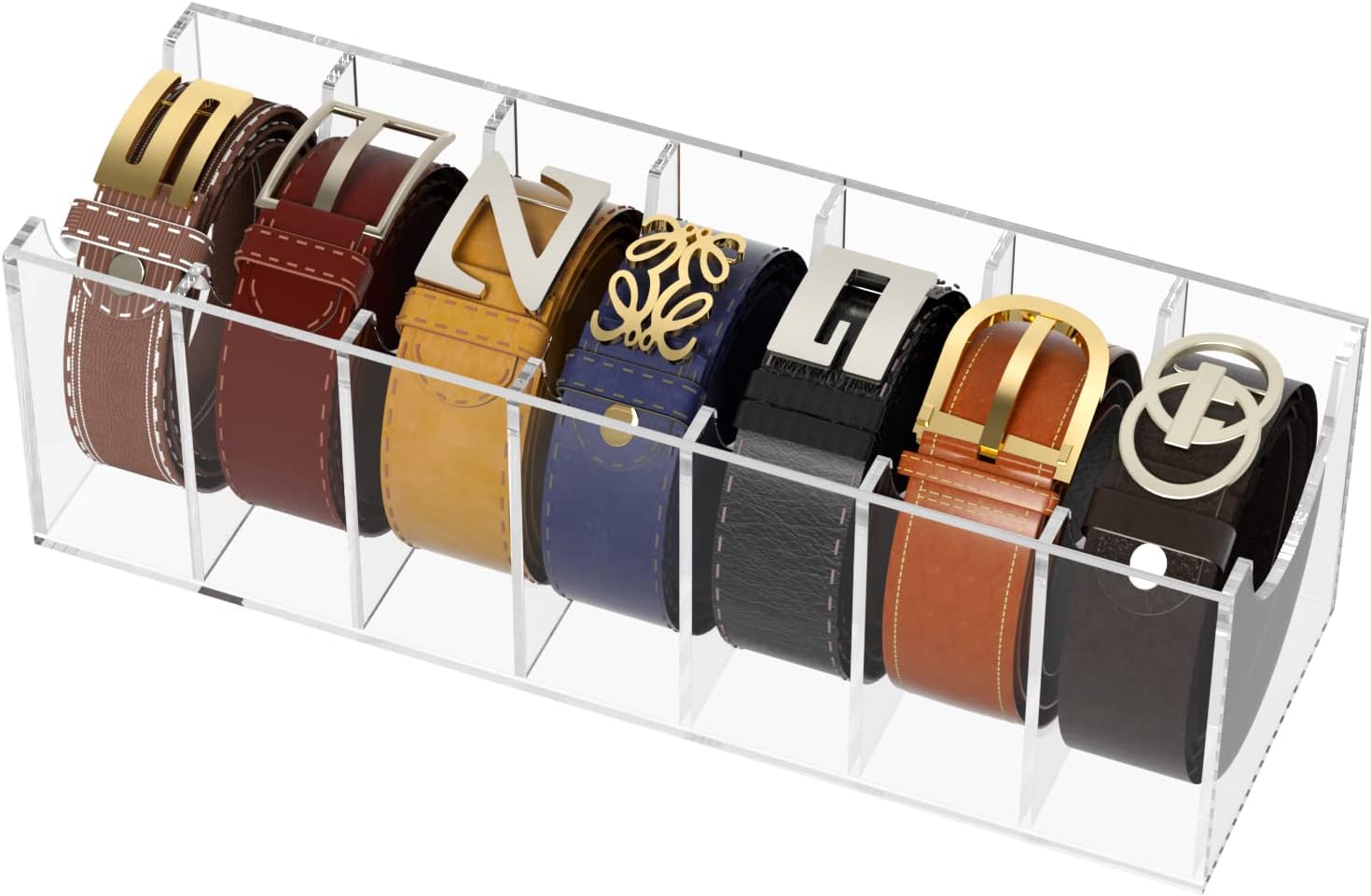 FEMELI Belt Organizer, Acrylic 7 Compartments Belt Container Storage Holder, Clear Belt Display Case for Closet Tie and Bow Tie