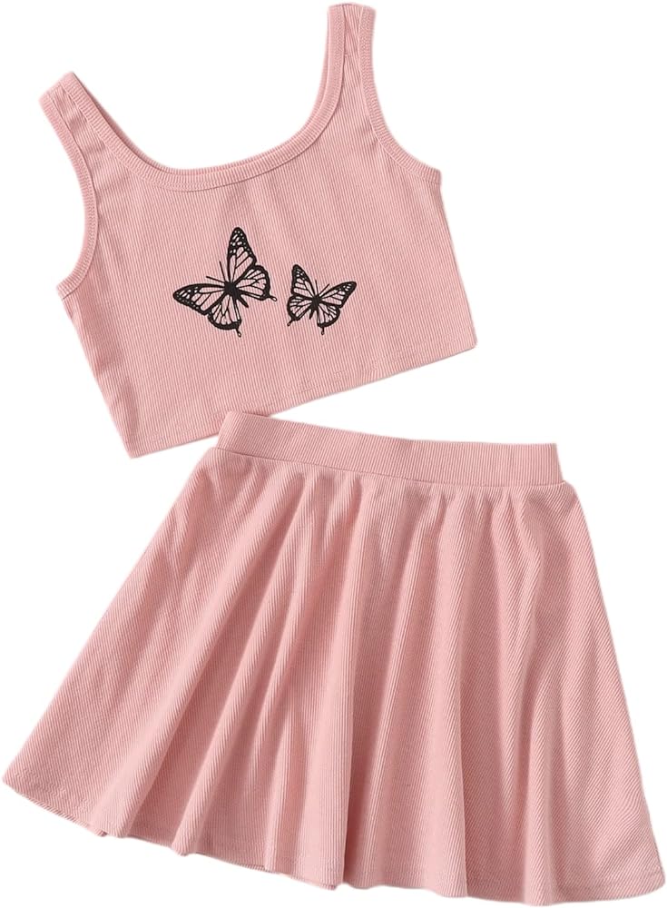 SOLY HUX Girl's Butterfly Print Sleeveless Tank Top and Skirt Set 2 Piece Outfits