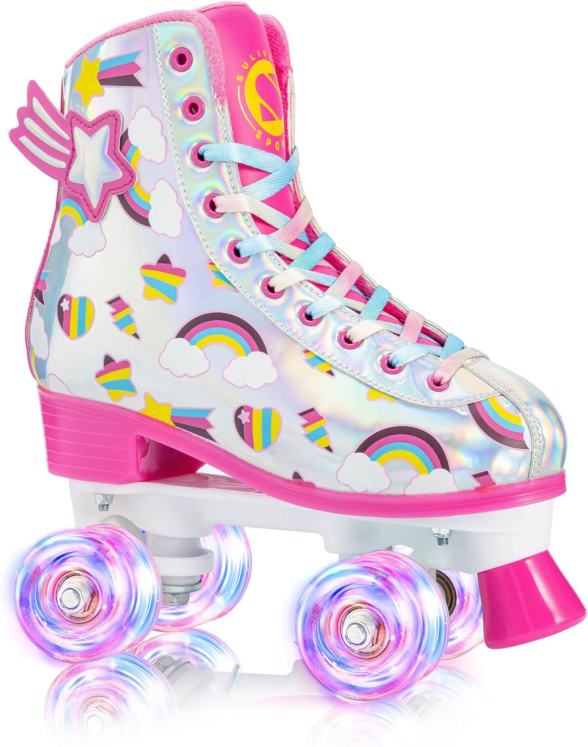 SULIFEEL Rainbow Unicorn Roller Skates for Girls Light up Wheels Kids Quad Skates with High Top Reflective TPU Leather Rainbow Unicorn