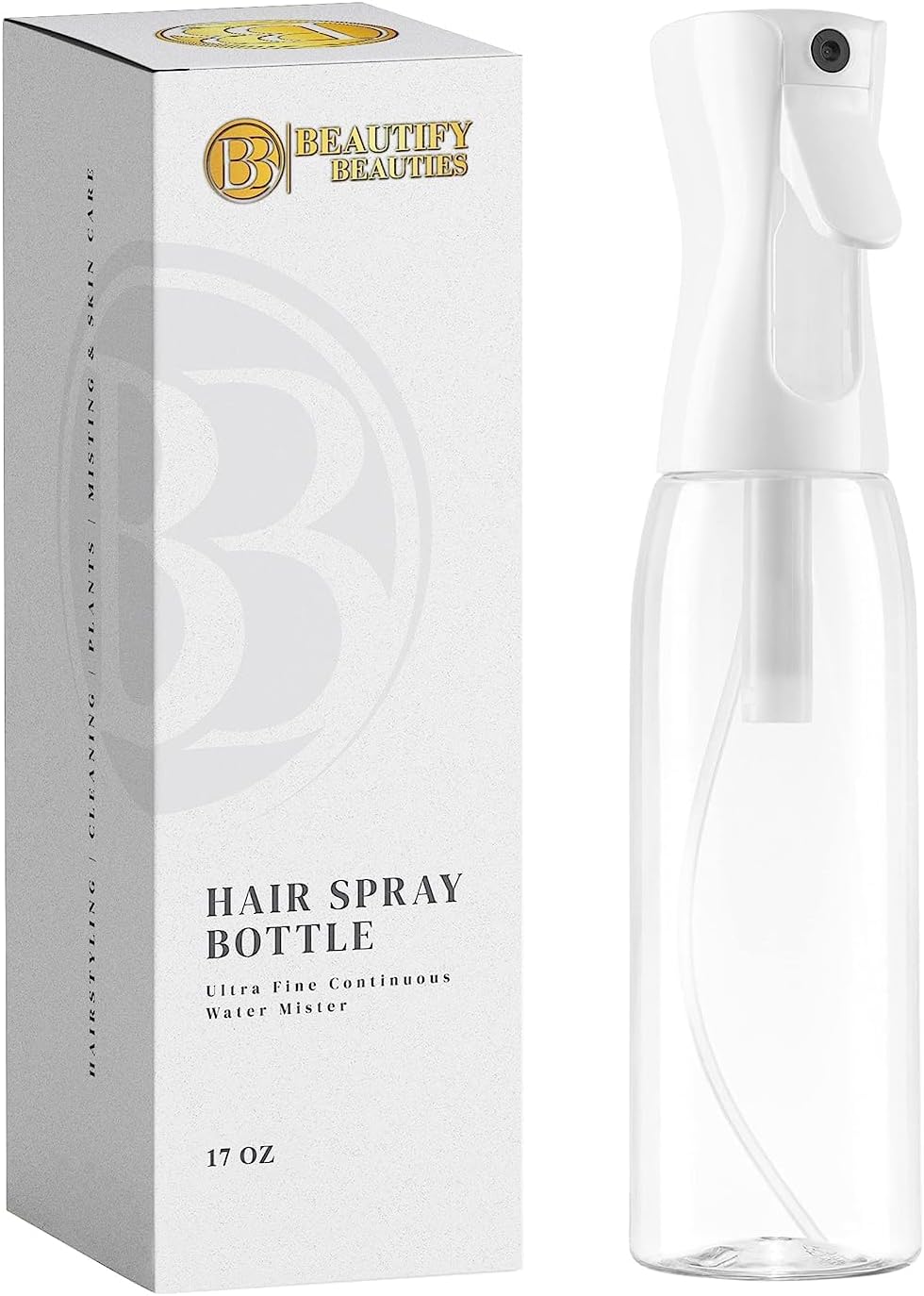 BeautifyBeauties Spray Bottle For Hair  Continuous Mister Spray Bottle for Hairstyling, Cleaning, Plants, Pets, Barbers, Salons, Essential Oil Scents (Clear, 18.6oz/500ml)