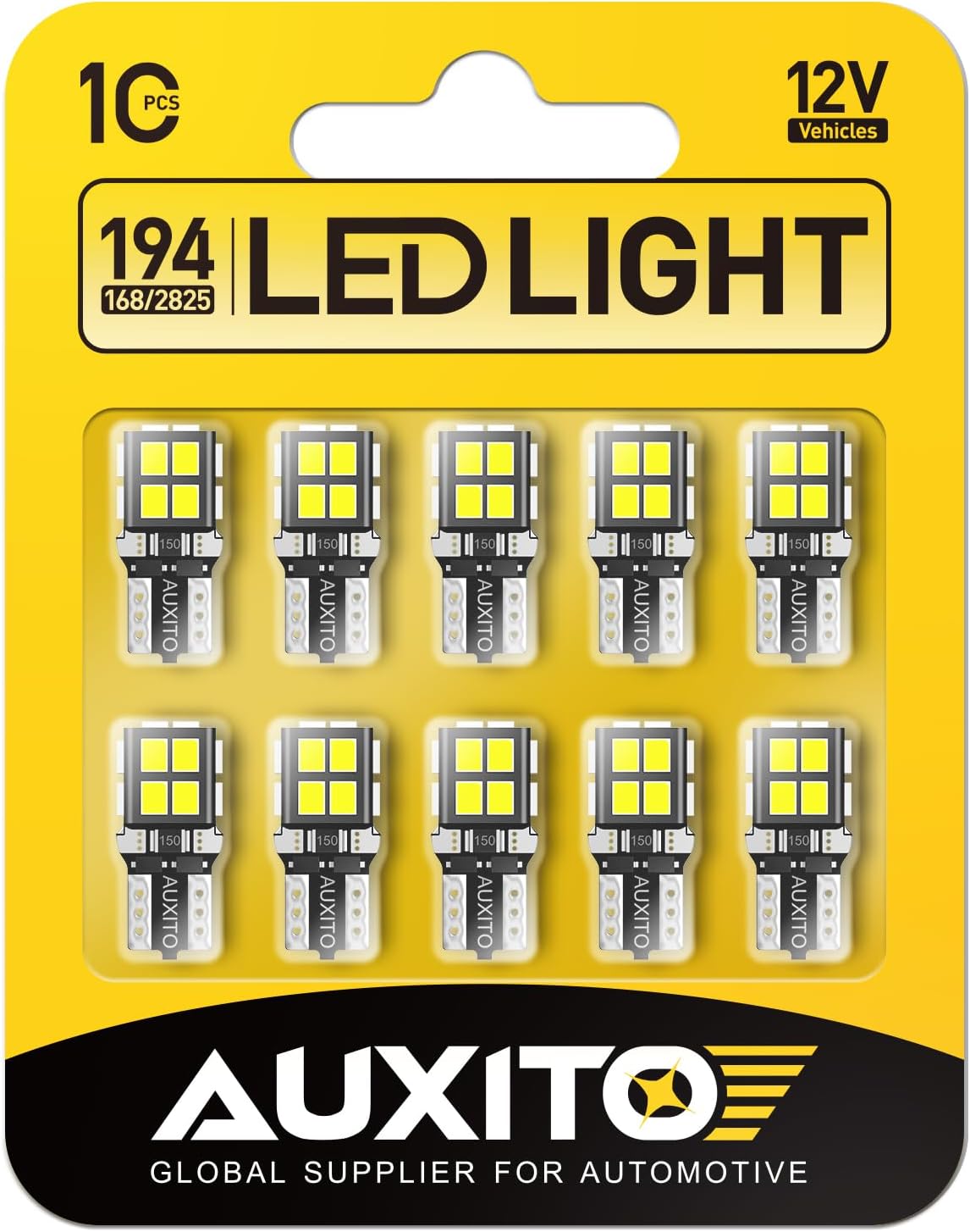 AUXITO 194 LED Bulb 6000K White 168 2825 W5W T10 Wedge 14-SMD Interior Car Bulbs Replacement for Dome Map Door Courtesy Trunk Parking License Plate Lights, 10 PCS