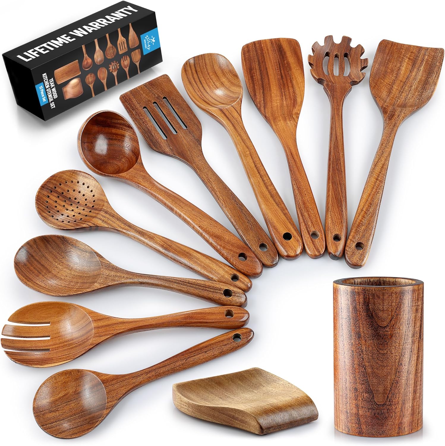 Zulay Kitchen 12-Piece Teak Wooden Utensils for Cooking - Natural Teak Utensil Set with Premium Gift Box - Non-Stick Wooden Spoons for Cooking - Kitchen Gift Set - Comfortable Grip Wooden Utensil Set