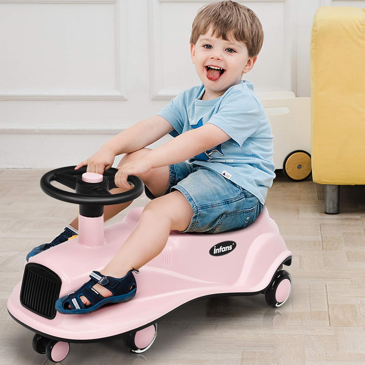 INFANS Wiggle Car, Ride On Toy w/LED Flashing Wheels, No Batteries, Gears or Pedals - Twist, Turn, Wiggle Movement to Steer, No Assembly Required, Swing Car for Toddlers, Kids 3 Years and UP (Pink)