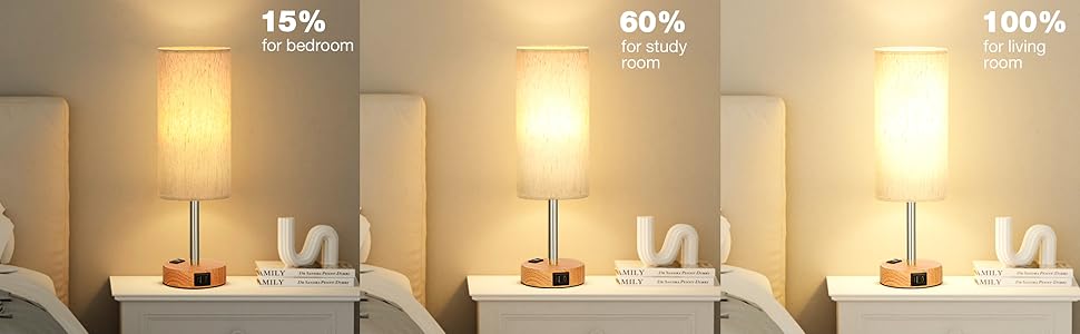 Bedside Table Lamp for Bedroom Nightstand - 3 Way Dimmable Touch Small Lamp USB C Charging Ports and AC Outlet, Wood Base Round Flaxen Fabric Shade for Living Room, Office Desk, LED Bulb Included