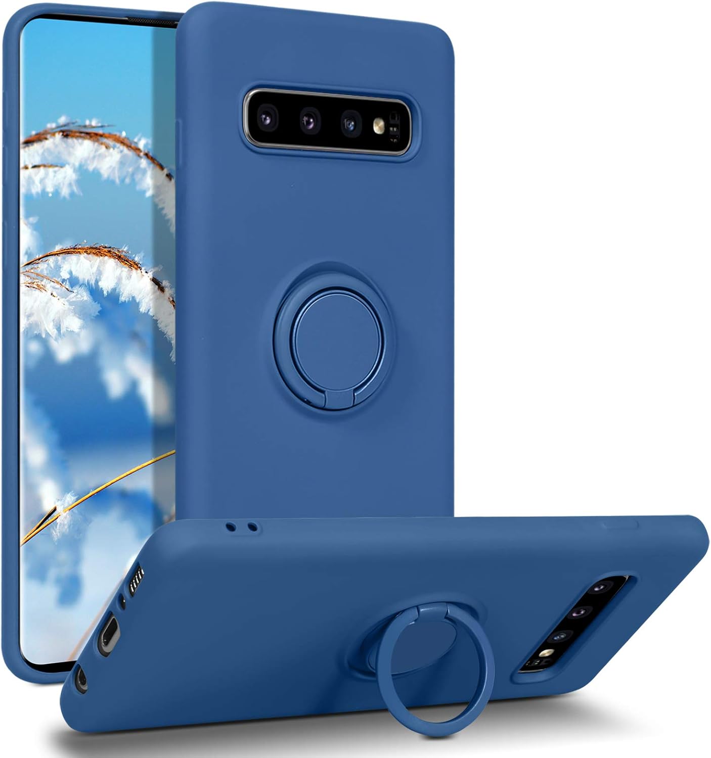 DUEDUE for Galaxy S10 Case,Liquid Silicone Soft Gel Rubber Slim Cover with Ring Kickstand |Car Mount Function,Shockproof Full Protective Anti Scratch Case for Samsung S10 for Women Men, Navy Blue