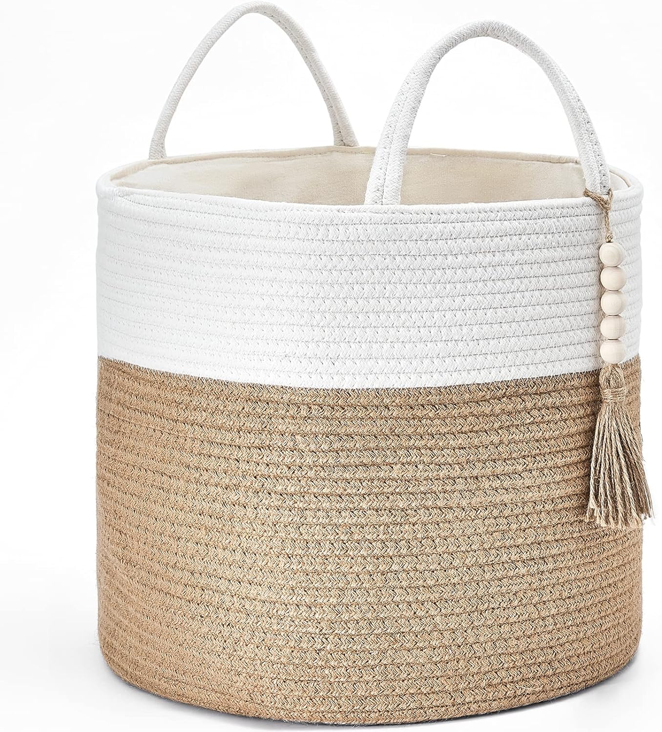 Mkono Woven Storage Basket Decorative Natural Rope Basket Wooden Bead Decoration for Blankets,Toys,Clothes,Shoes,Plant Organizer Bin with Handles Living Room Home Decor, 16x13,White and Yellow