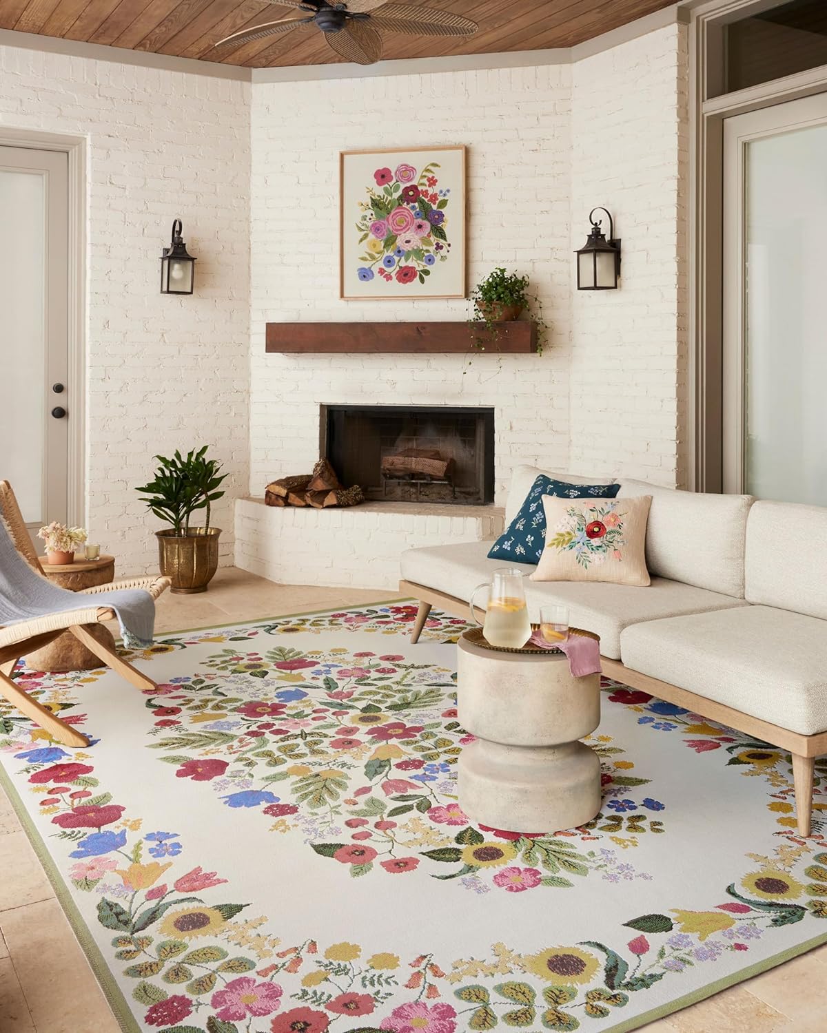 Loloi Rifle Paper Co. Perennial Collection Blossom PRN-01 Cream 6'-7 x 9'-4 Indoor/Outdoor Area Rug