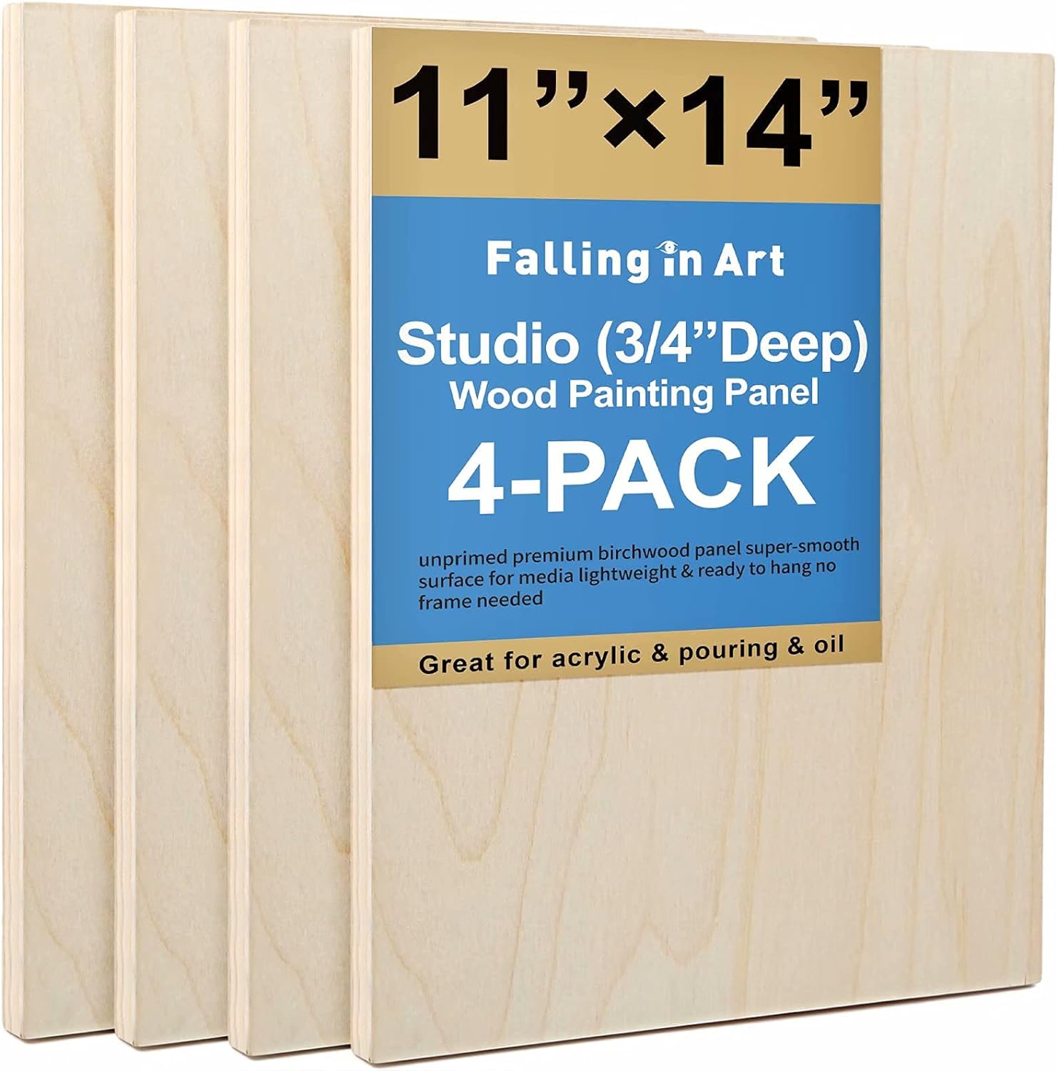 Falling in Art Unfinished Birch Wood Canvas Panels Kit, Falling in Art 4 Pack of 11x14'' Studio 3/4'' Deep Cradle Boards for Pouring Art, Crafts, Painting and More