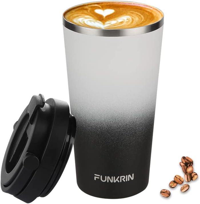 Funkrin Insulated Coffee Mug with Ceramic Coating, 16oz Iced Coffee Tumbler Cup with Flip Lid and Handle, Double Wall Vacuum Leak-Proof Thermos Mug for Travel Office School Party Camping