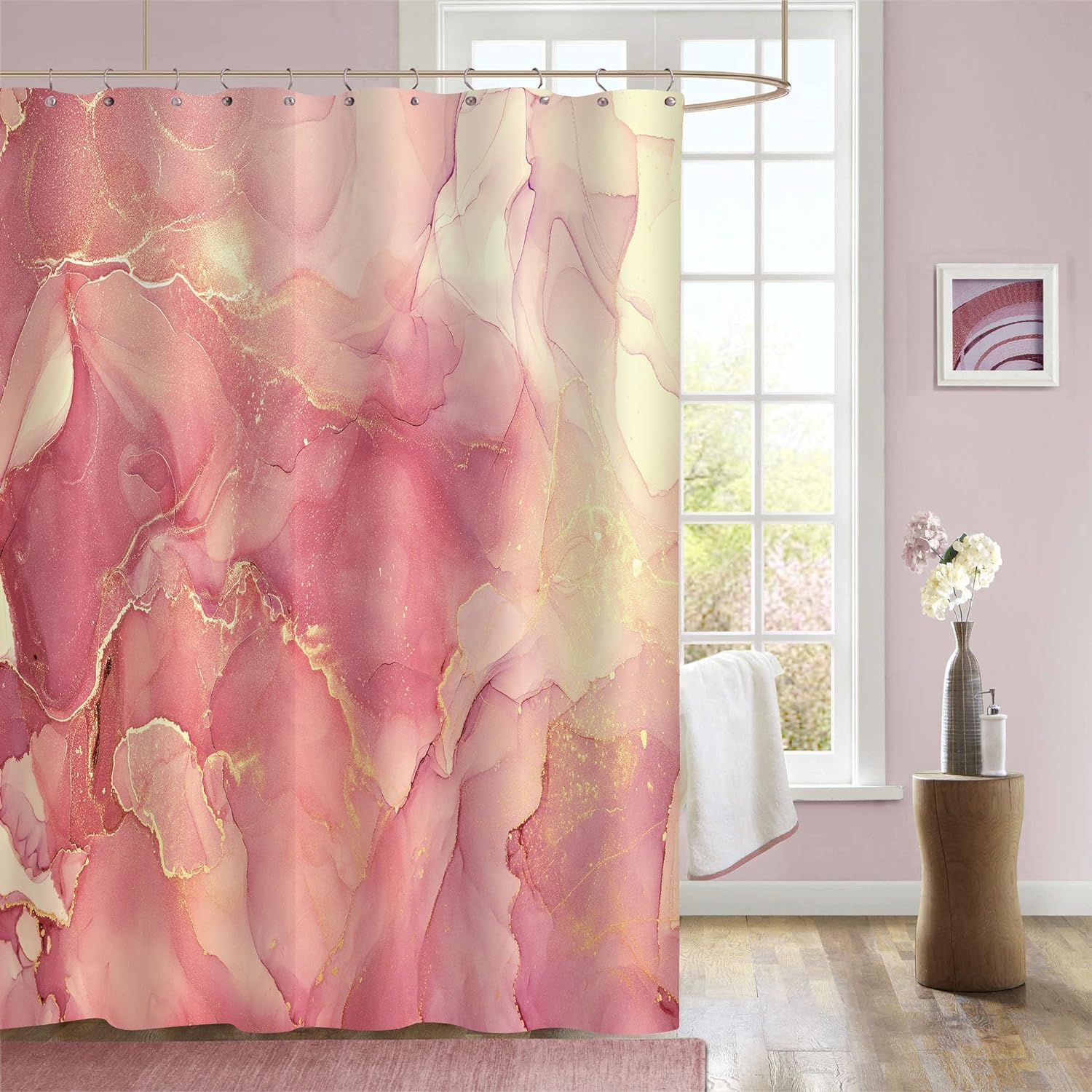 Gibelle Pink Shower Curtain, Abstract Peach Coral Fabric Shower Curtain for Bathroom, Modern Ombre Watercolor Ink Art Shower Curtain Set with Hooks, 72 x 72