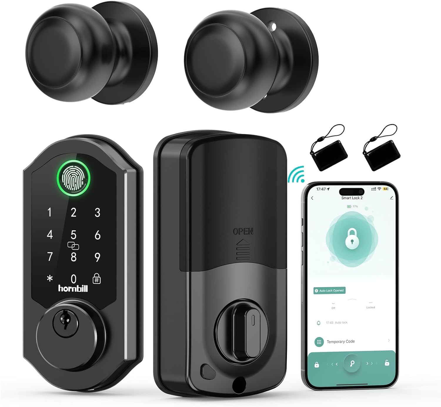 Hornbill Front Door Lock Set: WiFi Keyless Entry Smart Deadbolt Knob with Fingerprint Keypad App Code Fobs Remote Control Alexa Google, Digital Electronic Touchscreen Lock for Exterior - Matt Black