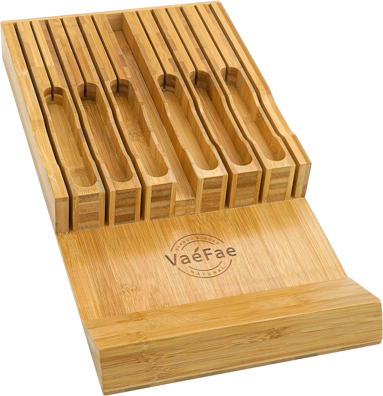 VaeFae Knife Drawer Organizer, Bamboo Knife Drawer Organizer Insert, Kitchen Knife Holder Drawer for 12 Knives PLUS a Slot for your Knife Sharpener (Without Knives)