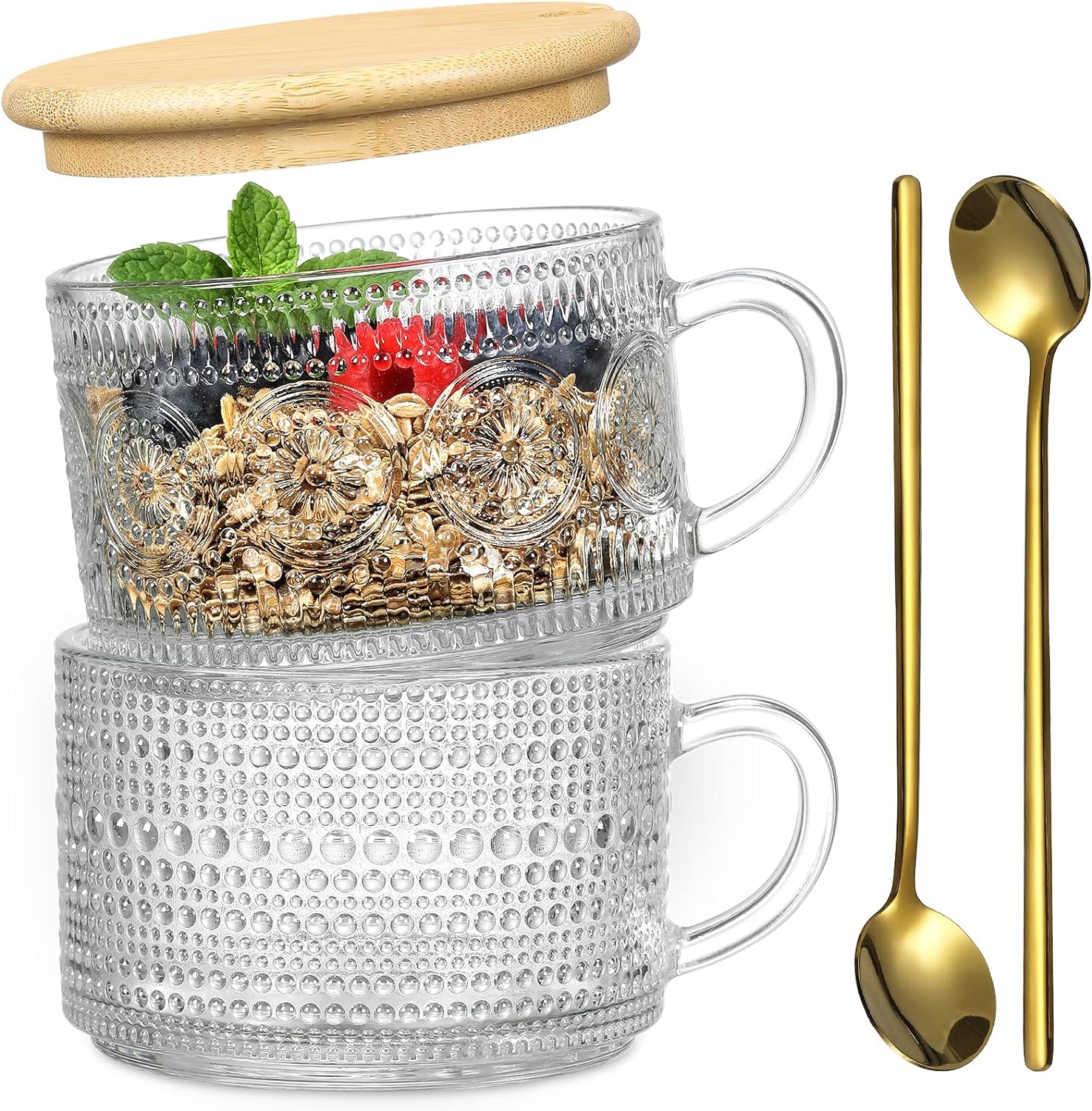 Vintage Coffee Mugs, Overnight Oats Containers with Bamboo Lids and Spoons - 14oz Clear Embossed Glass Cups, Cute Coffee Bar Accessories, Iced Coffee Glasses, Ideal for Cappuccino, Latte, 2 Pack