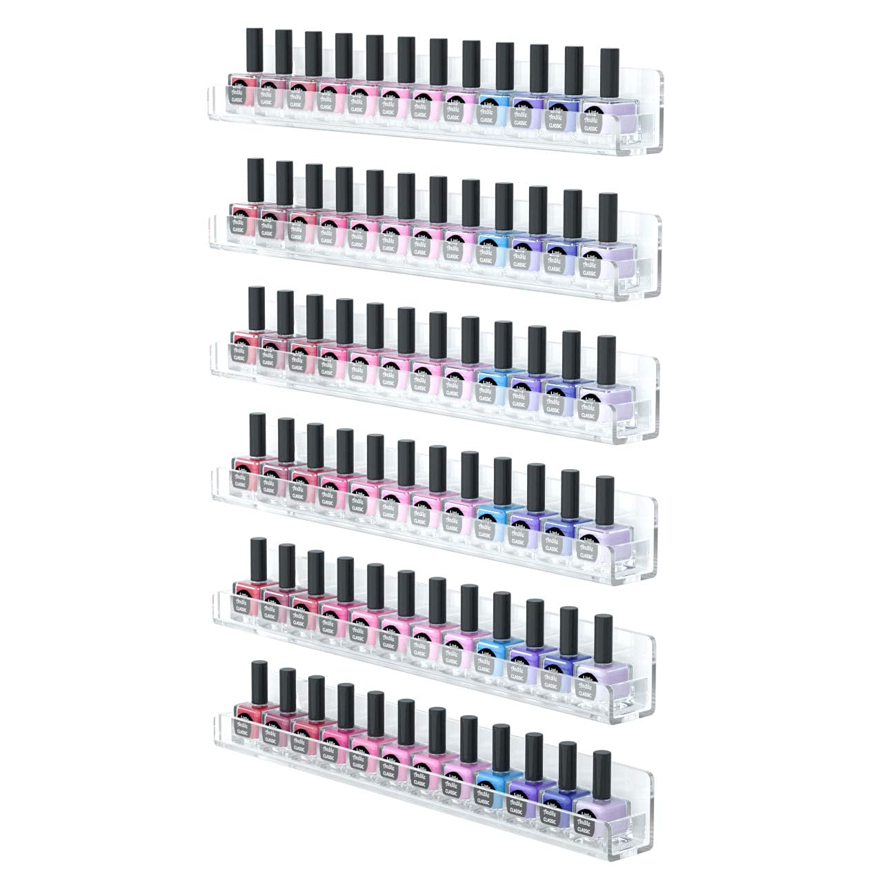 FEMELI Nail Polish Wall Rack: 6 Shelves 15 Inch Clear Acrylic Nail Polish Organizer for 66-90 Bottles Multi-Purpose Acrylic Floating Shelves (15 Inch, Clear)