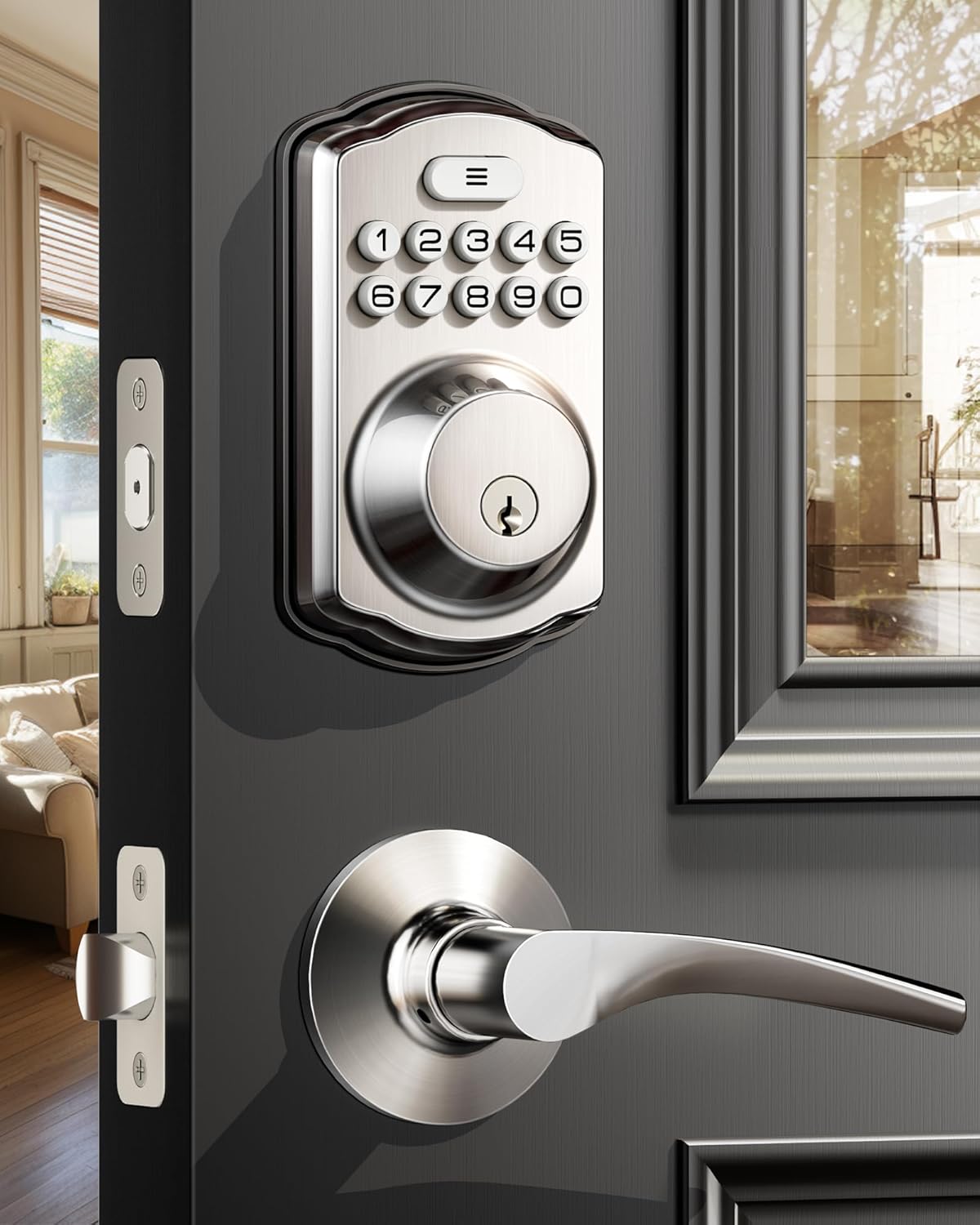 Veise Keyless Entry Door Lock with 2 Lever Handles - Electronic Keypad Deadbolt, Auto Lock, Easy Installation Digital Smart Code Door Lock, Front Door Lock Set, Satin Nickel